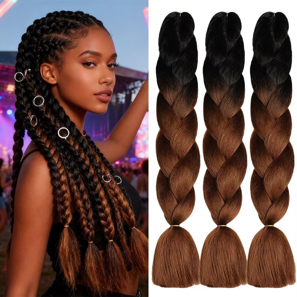 ShowJarlly Treccie Africane Extension 24", Kanekalon Treccia Capelli, Ombre Jumbo Treccia Capelli Fibra treccia di scatola, Per Crochet Twist Intrecciare I Capelli (Nero/Marrone Scuro)