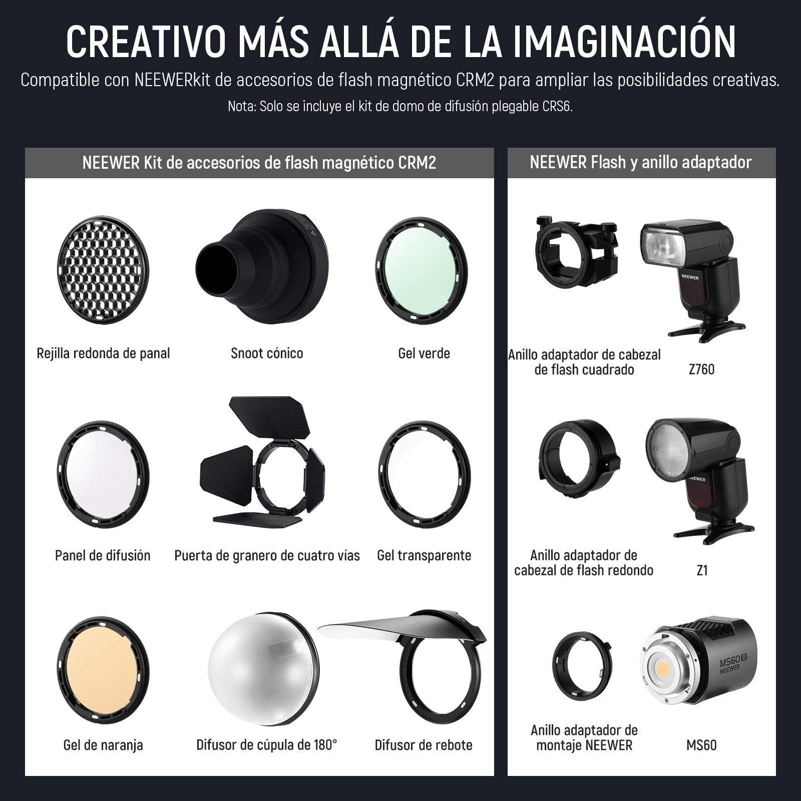 NEEWER CRS6 Diffusion Dome con 3 Anillos Adaptadores, Compatible con Godox V1 Z1 Z2 Flash de Cabeza Redonda y Speedlite Cuadrado Z760, Mount Difusor para Luz de Video MS60B MS60C MS150B