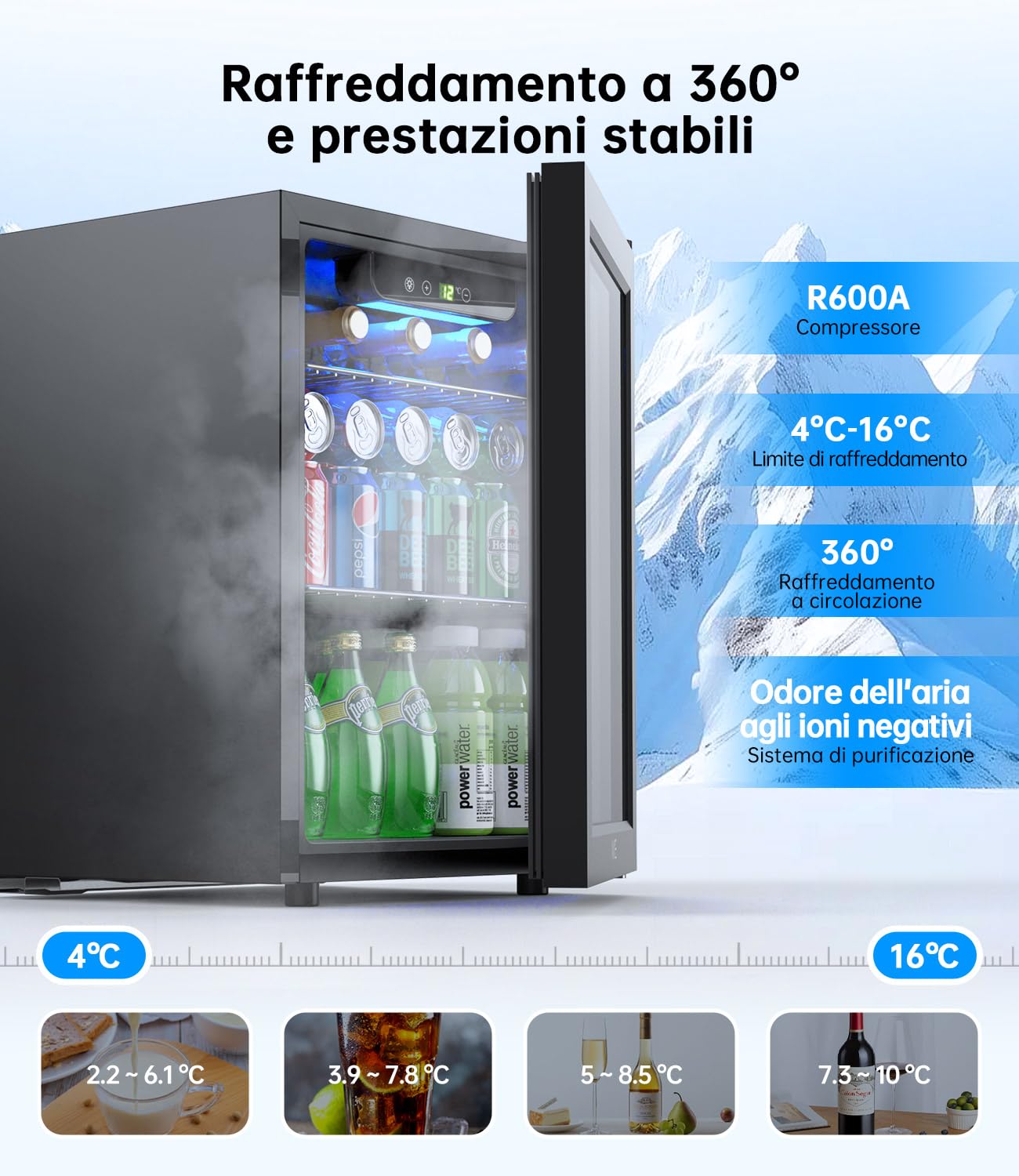 WIE Mini Frigo, Frigorifero Piccolo 48L, Frigo Vetrina con Porta in Vetro, Capacità 68 Lattine, Temperatura Regolabile, Illuminazione LED, Silenzioso - Per Casa, Ufficio, Bar