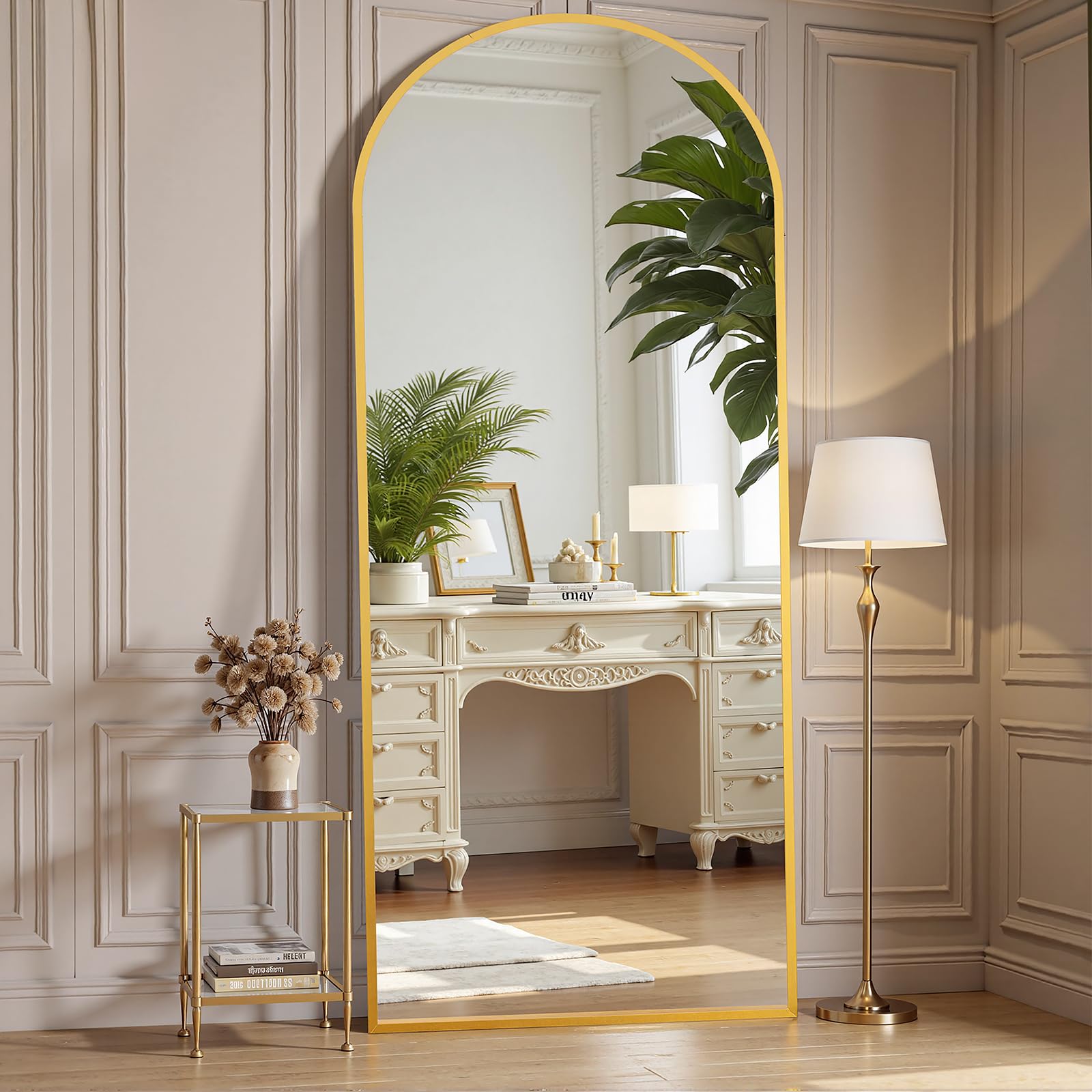 OLIXIS Arched Full Length Mirror for Bedroom, 65"x24" Full Body Mirror with Stand, Hanging or Leaning for Wall, Aluminum Alloy Thin Frame Floor Standing for Living Room, Long, Gold