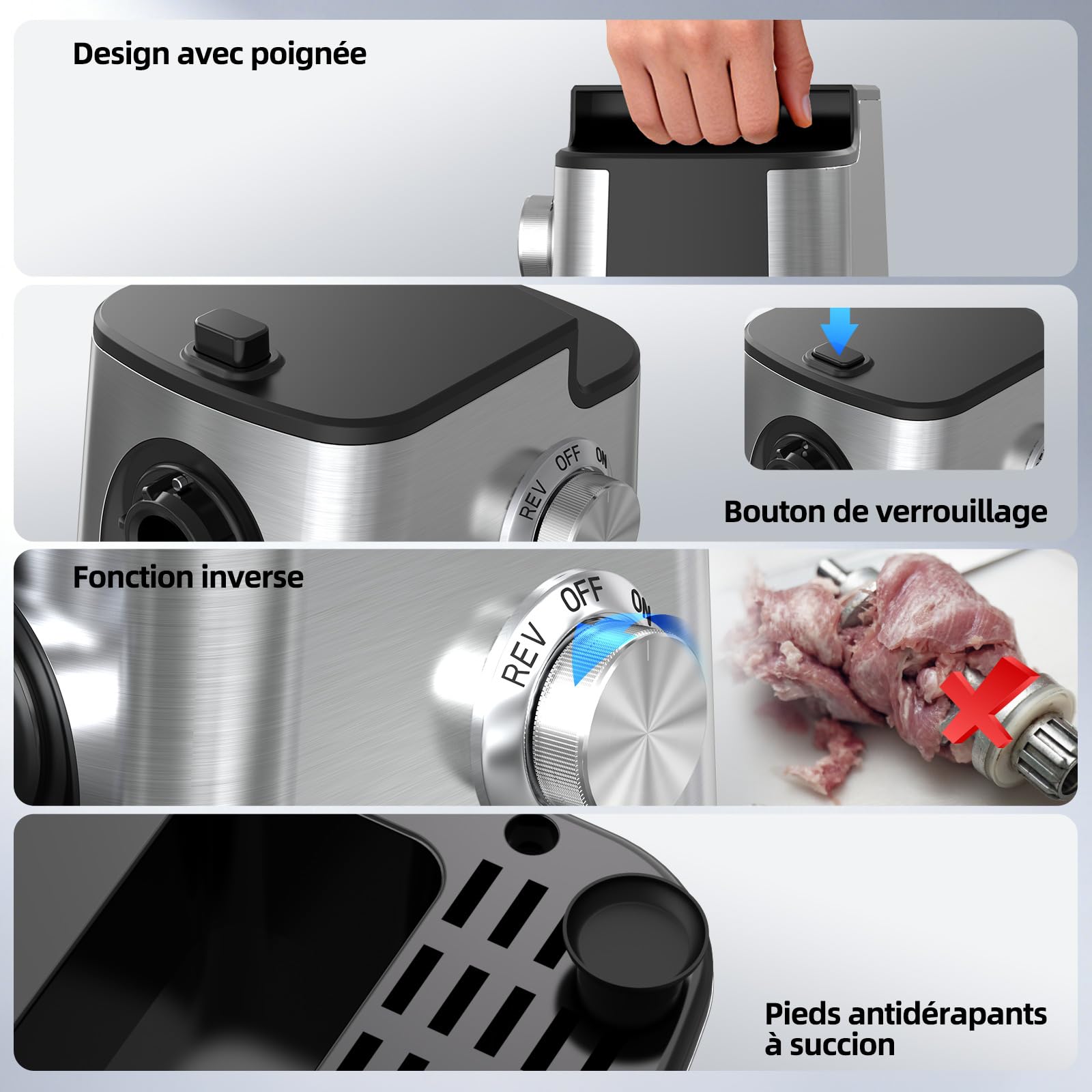 FIMEI Hachoir à Viande Électrique, 4-en-1 avec 3 Grilles, 2 Lames | 3 Embouts à Saucisse, Kit Kibbe, Accessoire à Pâtisserie, Inversion anti-blocage, Base en Acier Inoxydable & Antidérapante