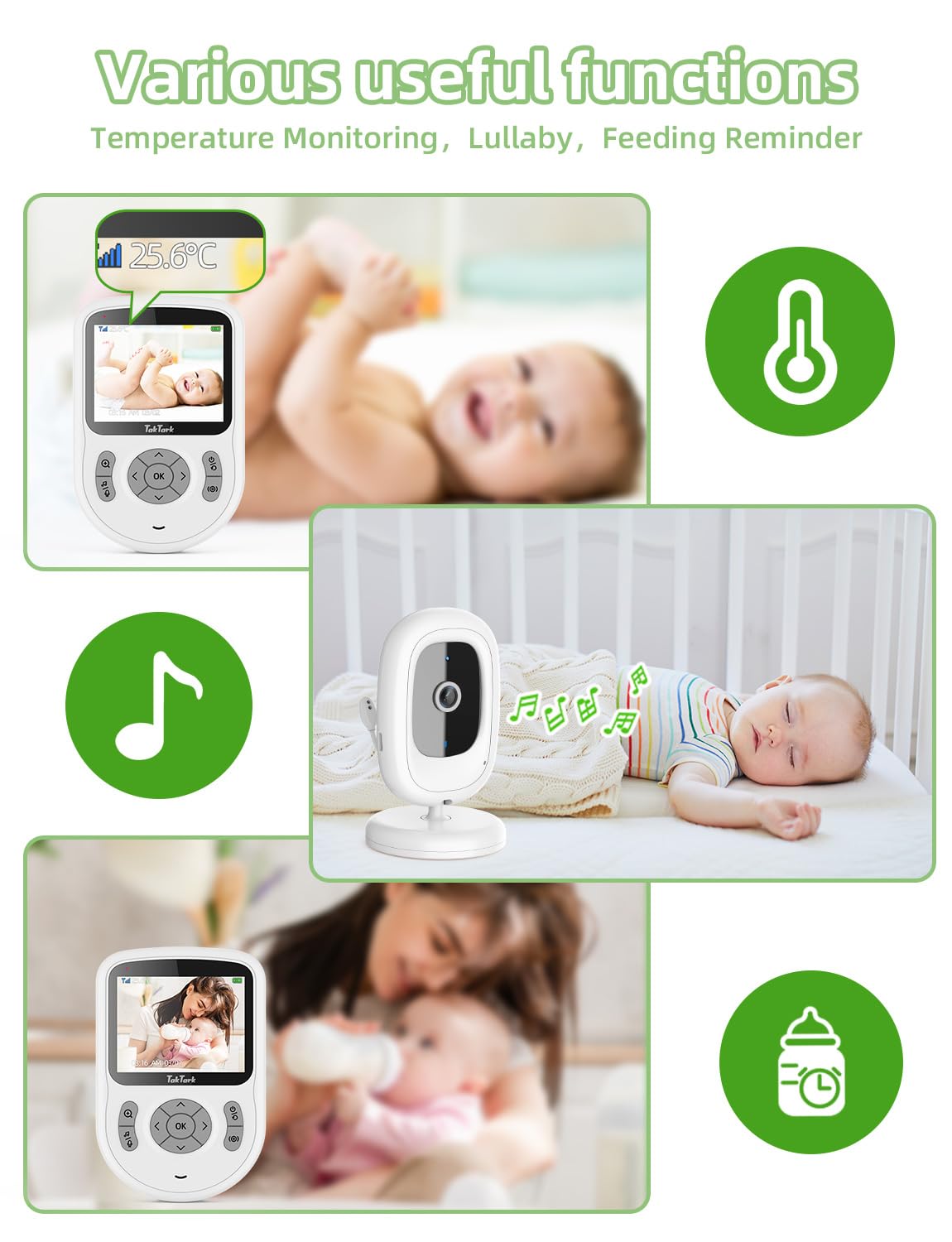 TakTark Camara Vigilancia Bebe, 2,8" 720P IPS vigilabebés con cámara 20 Horas Standby,Camara Vigilancia sin WiFi/App,VOX,conversación bidireccional,visión Nocturna,3xZoom,Vigilancia de la Temperatura