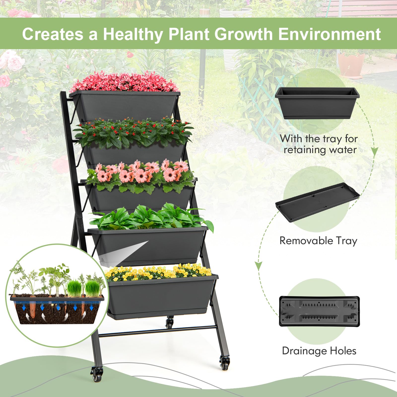 HOMASIS Vertikales Hochbeet mit 5 Etagen, Blumenbeet mit 5 Pflanzkästen, Vertikalbeet mit Rollen, Blumentreppe aus Metall, Gemüsebeet Blumenkasten für Balkon Garten (Schwarz, 57 x 68 x 117 cm)