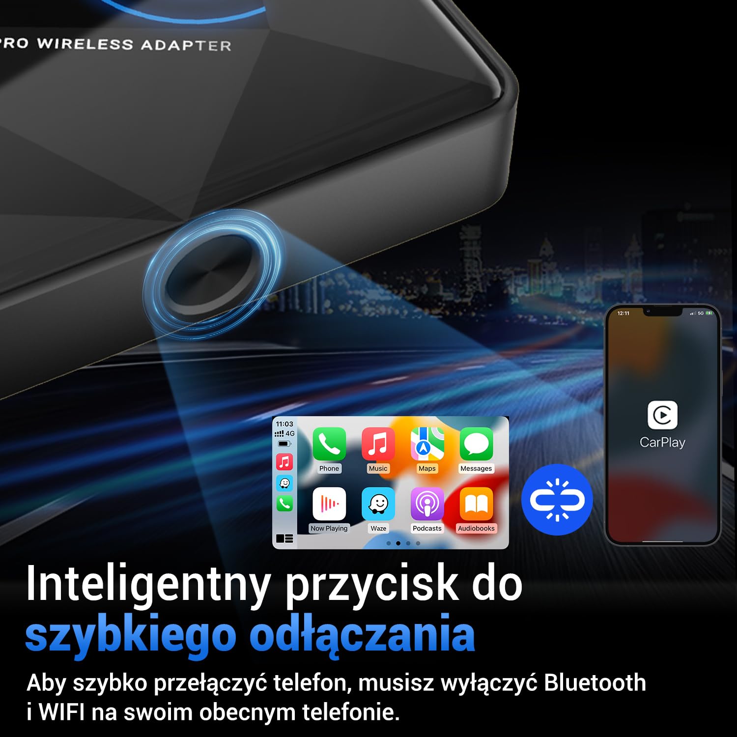 Ottocast Bezprzewodowy CarPlay Wireless adapter, U2AIR Pro Wireless Car Play Dongle Plug Play do fabrycznych przewodowych samochodów CarPlay(rok modelowy: 2016 do 2023)