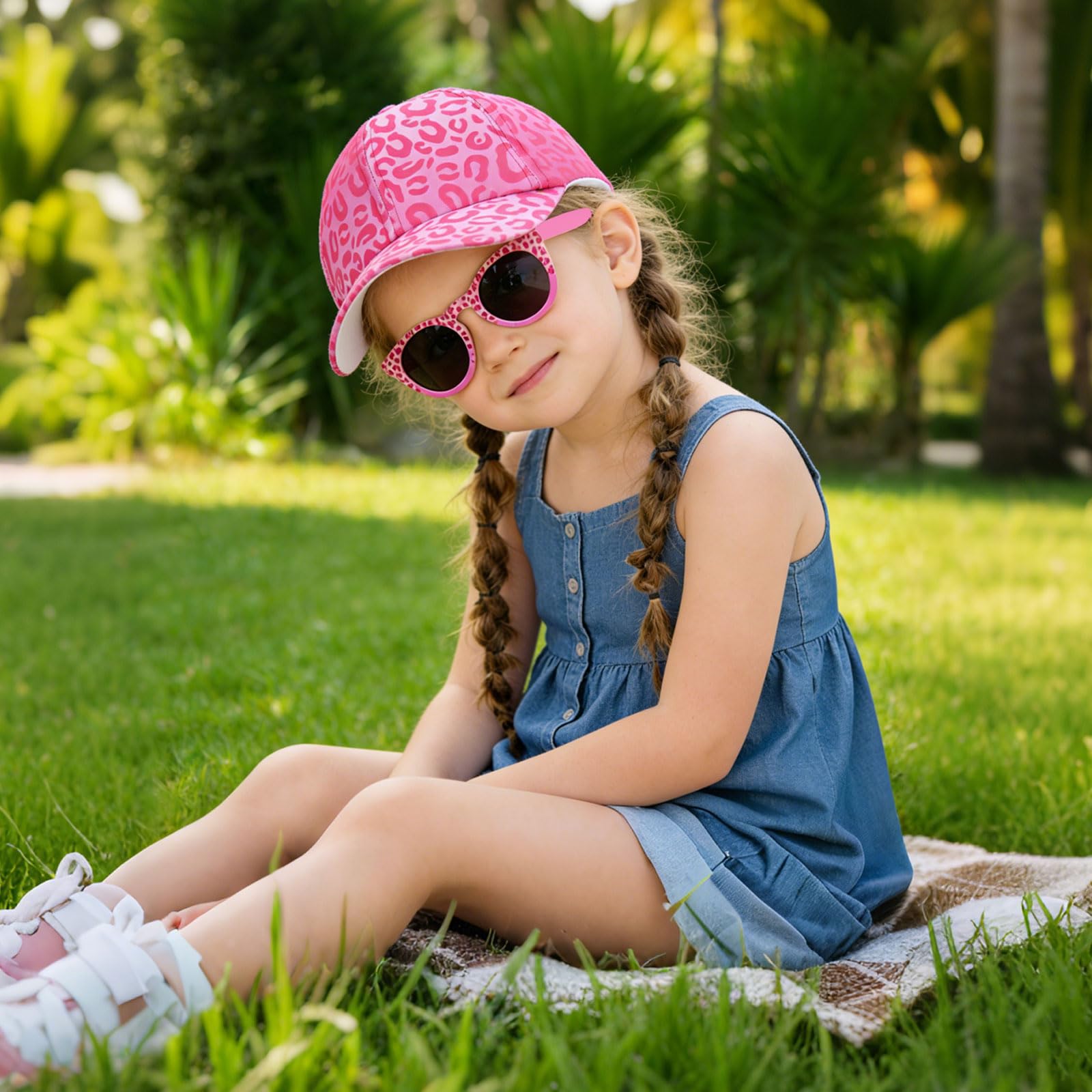 Gorra de Béisbol para Niñas con Gafas de Sol Protección UV Ajustable Estampado de Leopardo Verano 3-10 Años