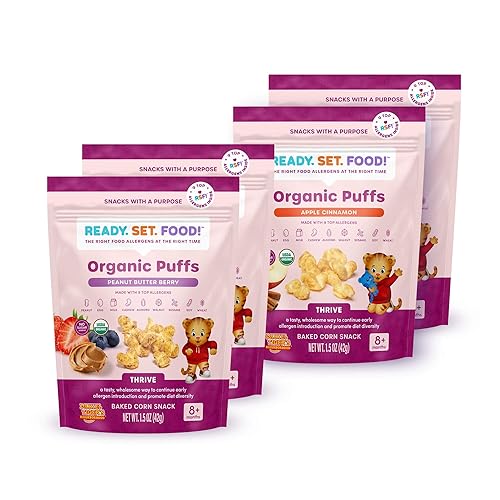 Miniatura 1 de Ready, Set, Food! Organic Puffs  Daniel Tiger Manzana, Canela y Mantequilla de Maní Berry Variedad (paquete de 4)  Puffs orgánicos para bebés con 9
