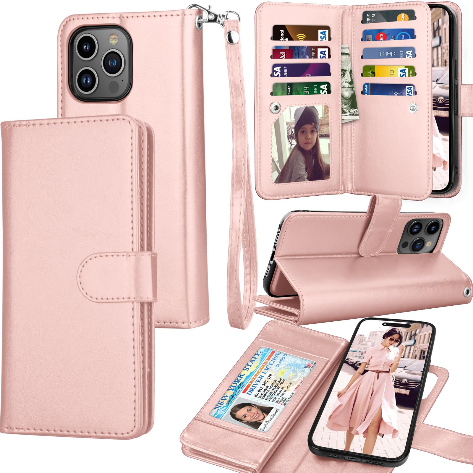 Tekcoo Wallet Case Compatible with iPhone 15 Pro (6.1 inch) 2023 Luxury ID Cash Credit Card Slots Holder Carrying Pouch Folio Flip PU Leather Cover [Detachable Magnetic Hard Case] Strap [Rose Gold]