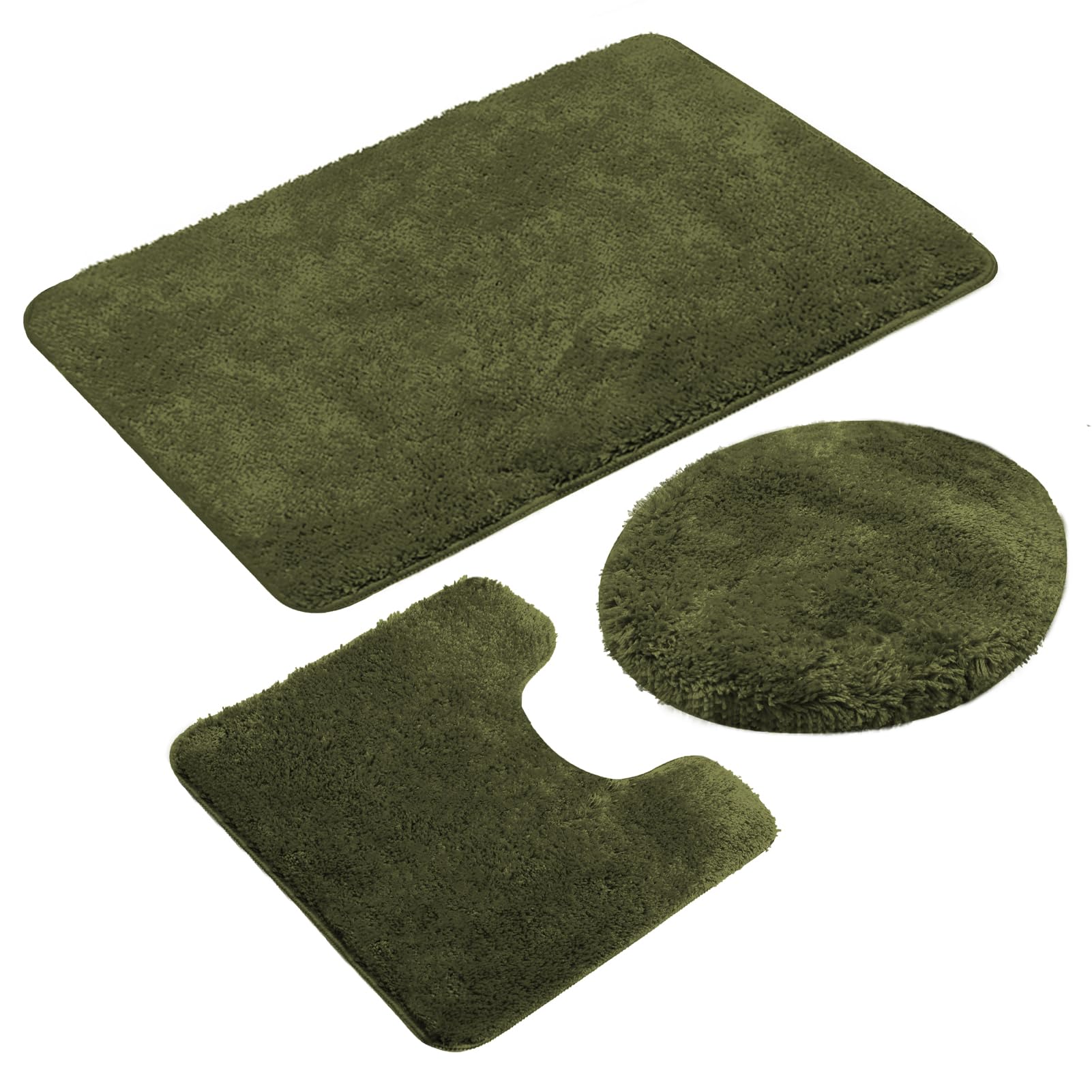 Reyox Plush Shaggy Bath Rug, Contour Mat and Toilet Lid Cover, Soft Microfiber Non Slip Bathroom Rugs Army Green 3 PCS