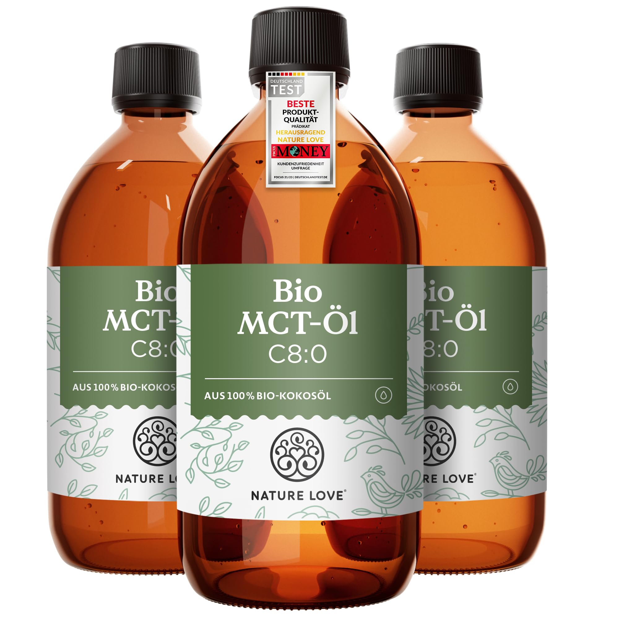 NATURE LOVE® Bio MCT-Öl C8 – 1500ml für deine Keto Diät – aus 100% Bio-Kokosöl – für Ketogene Ernährung - geschmacks- und geruchsneutral – exogene Ketone – vegan