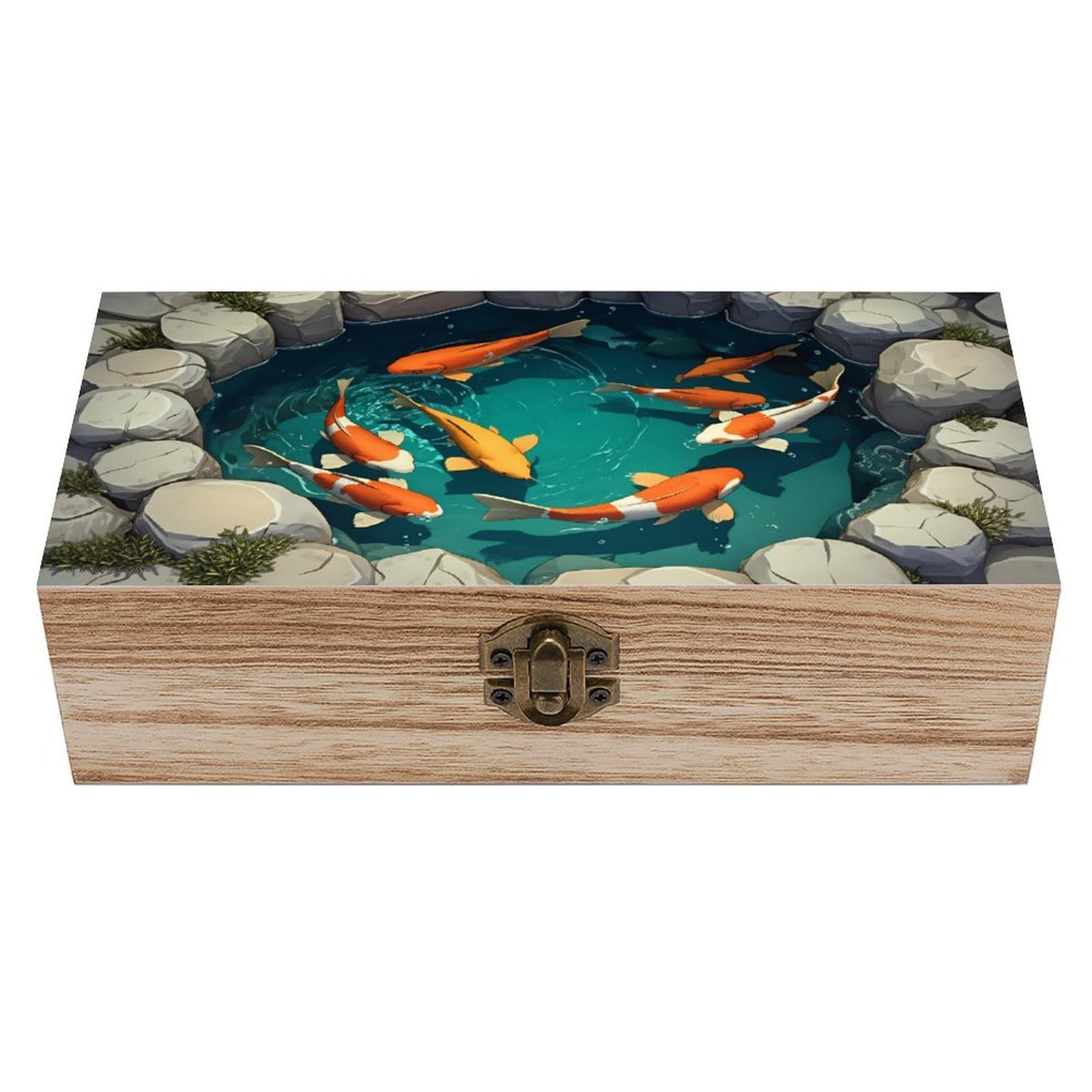 SMAZDFXX Koi Fish Wooden Keepsake Box Vintage Solid Wood with Hinged Lid 7.9"×3.7"×2.3" Metal Latch Rustic Home Decor for Jewelry Photos And Trinkets