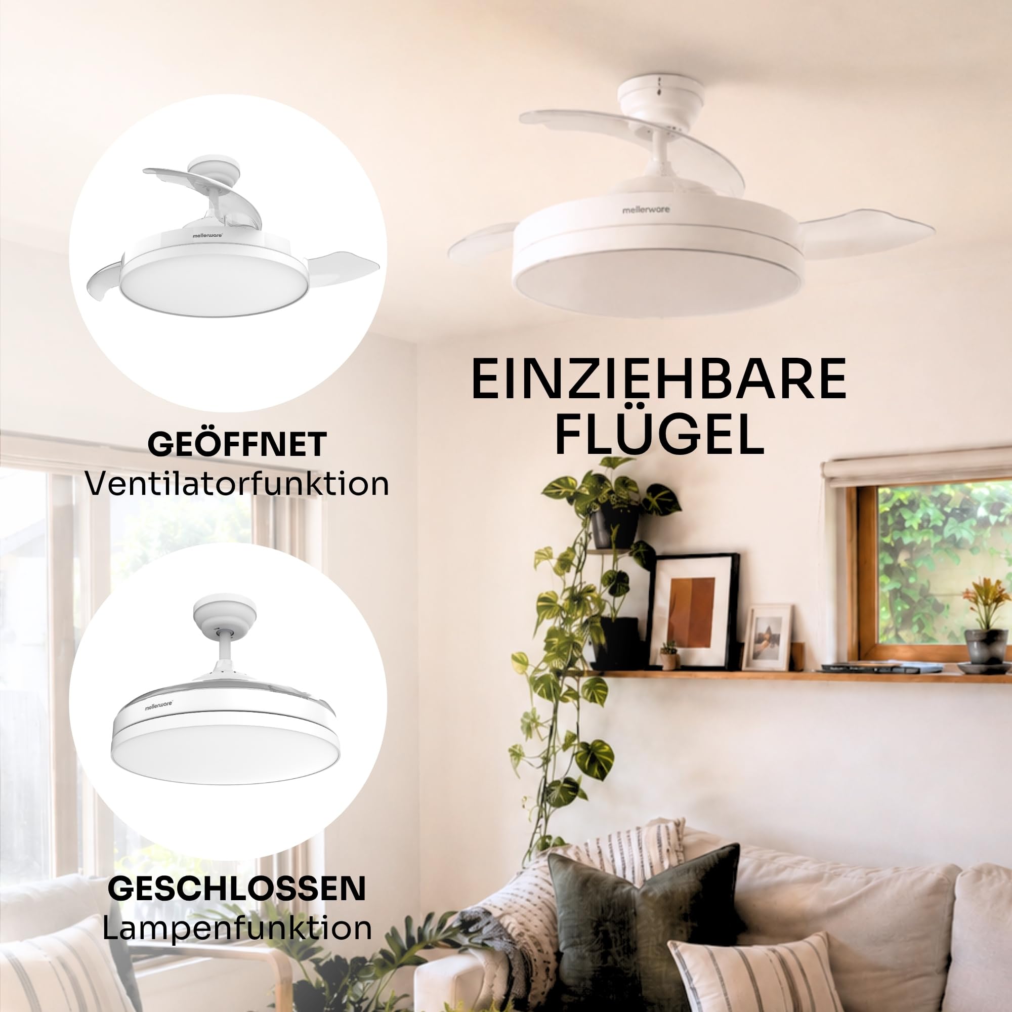 Mellerware - Brizy Faltbarer Deckenventilator 40 W | 6 Geschwindigkeitsstufen | 3 Flügel | Ø 106 cm | Ultraleiser DC-Motor | Timer | Sommer-Winterfunktion | LED-Licht