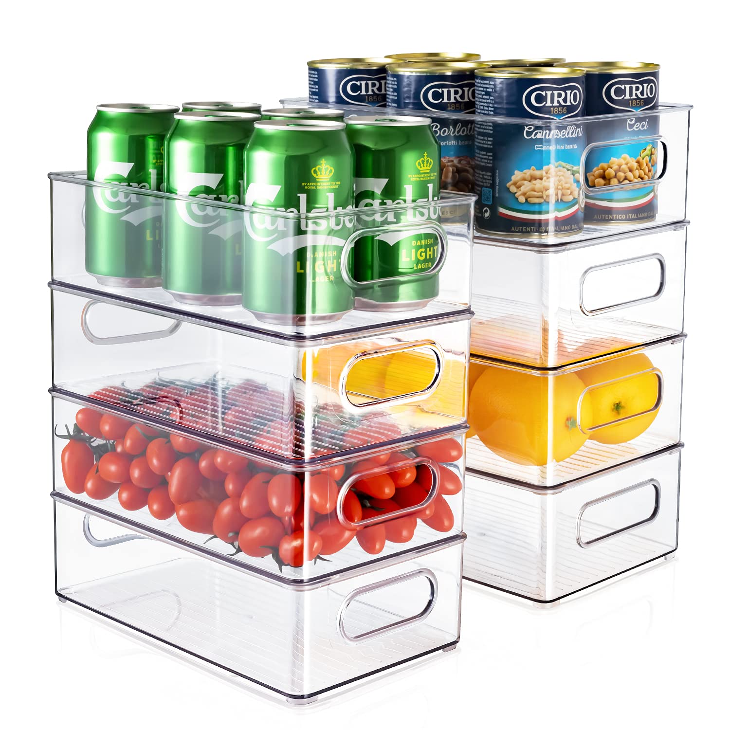 THLEITE Set Of 8 Refrigerator Organizer Bins, 4 Upgraded Medium & 4 Medium Stackable Plastic Clear Food Storage Bins for Fridge, Freezer, Cabinet, Kitchen, Bathrooms, Bedrooms, BPA-Free