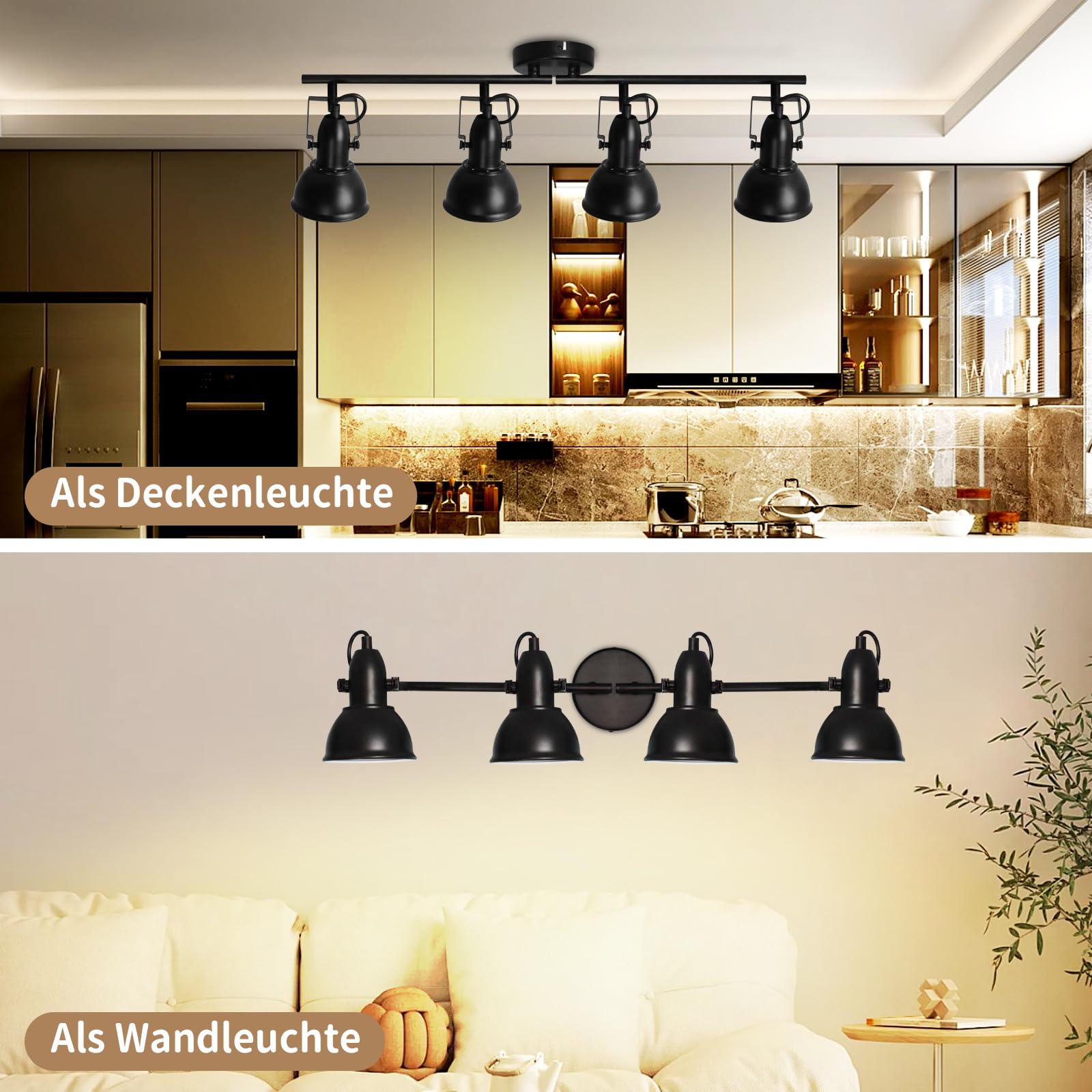 HiBay Reflektor sufitowy LED, 4 żarówki, E27, lampa sufitowa do sypialni, vintage, czarno-biała, do salonu, wychylna, maks. 60 W, bez źródła światła