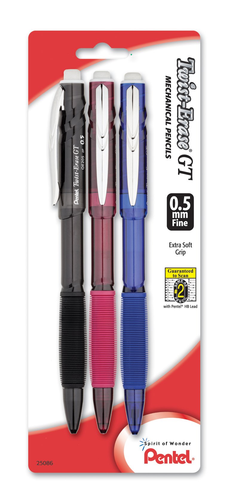Twist-Erase GT (0.5mm) Mechanical Pencil, Assorted Barrel Colors, Color May Vary, Pack of 3 (QE205BP3M)