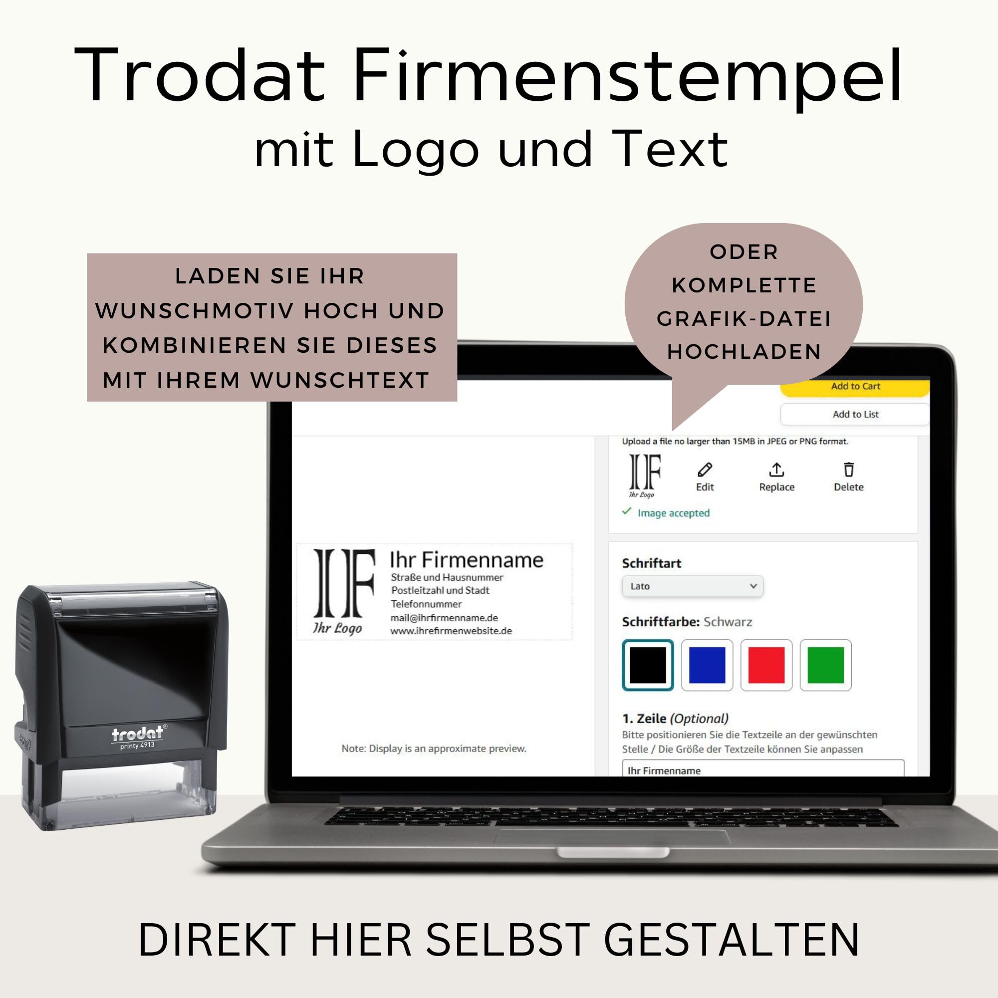Trodat Firmenstempel mit Logo und Text – Printy 4913 Personalisierter Stempel inklusive Grafik und Wunschtext, Selbstfärbend, Abdruck 58 x 22 mm
