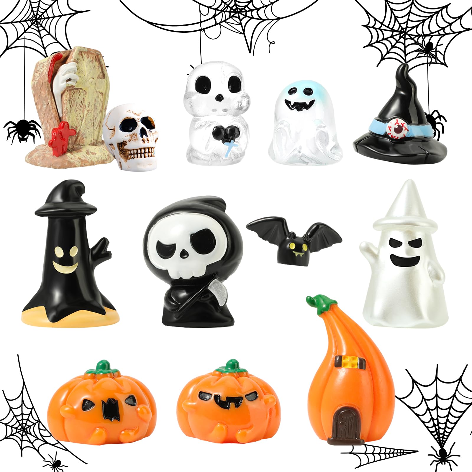 12 Pcs Cute Halloween Figure Ornaments,Ghost Skull Set Mini Resin Pumpkin Cake Topper Decoration Lovely Bat Tombstone Figurines for Cake,Desk,Micro Landscape Ornament,DIY Garden Home Decor