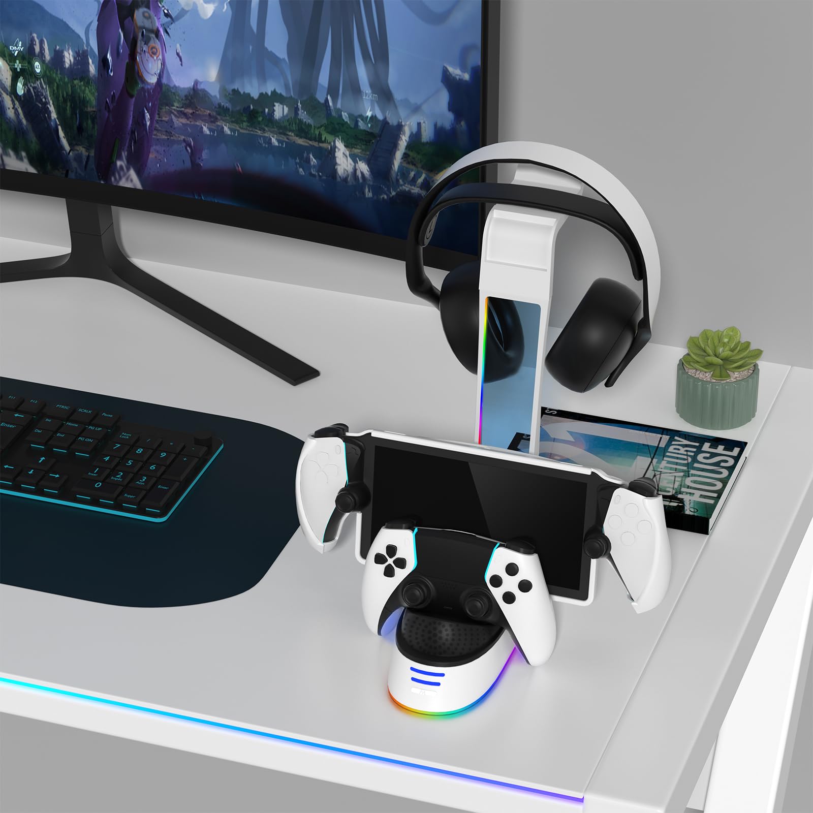 Estación de Carga portátil con Soporte para Auriculares para Controlador PS5 Soporte de Carga Indicador de Carga de luz RGB para Consola de Juegos Portal
