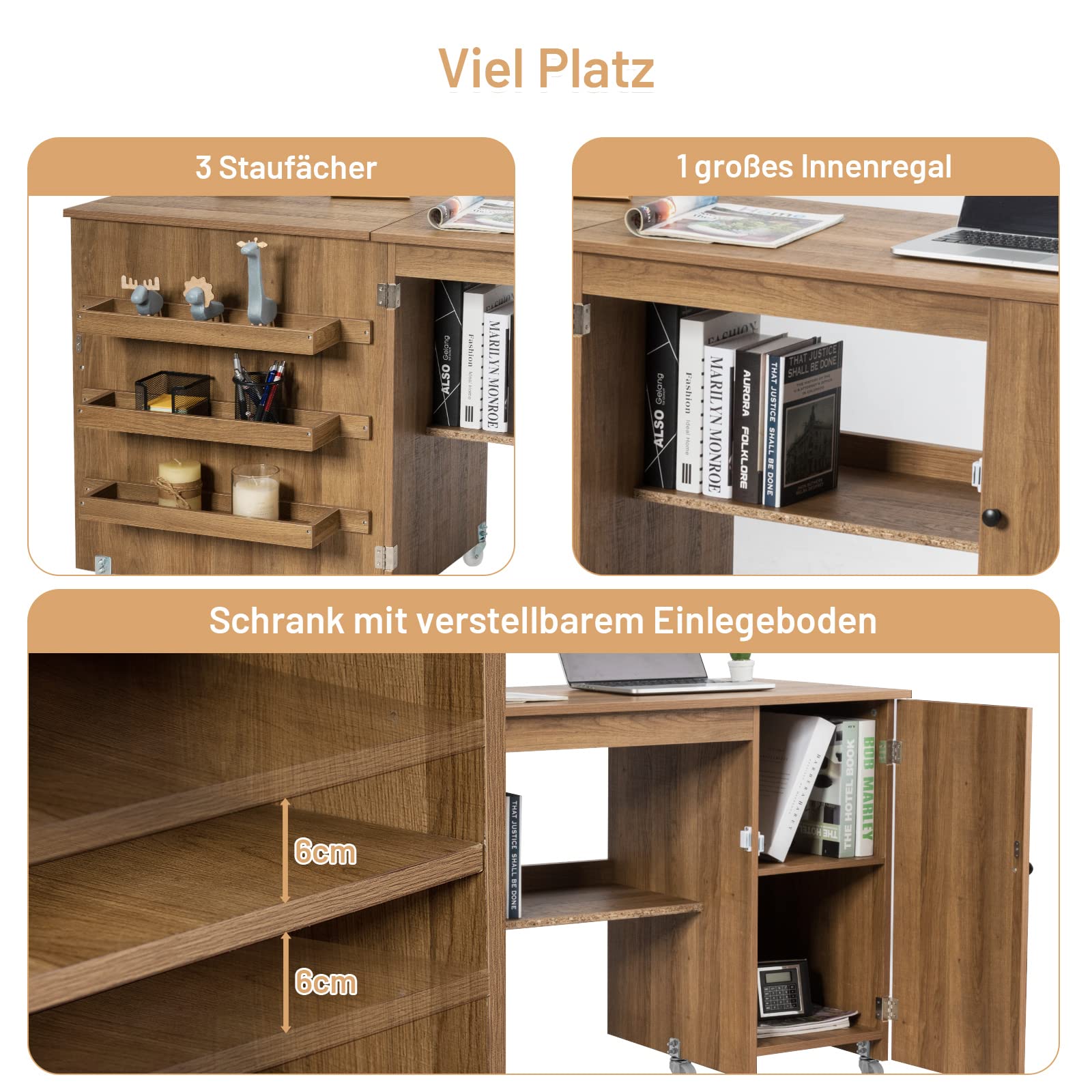 GOPLUS Klappbarer Nähtisch, 2 in 1 Nähschrank & Schreibtisch, Nähmaschinentisch auf Rollen, 3 Seitenfächer & 1 Schrank, 2 arretierbare Rollen, für Wohnzimmer Schlafzimmer Büro (Natur)