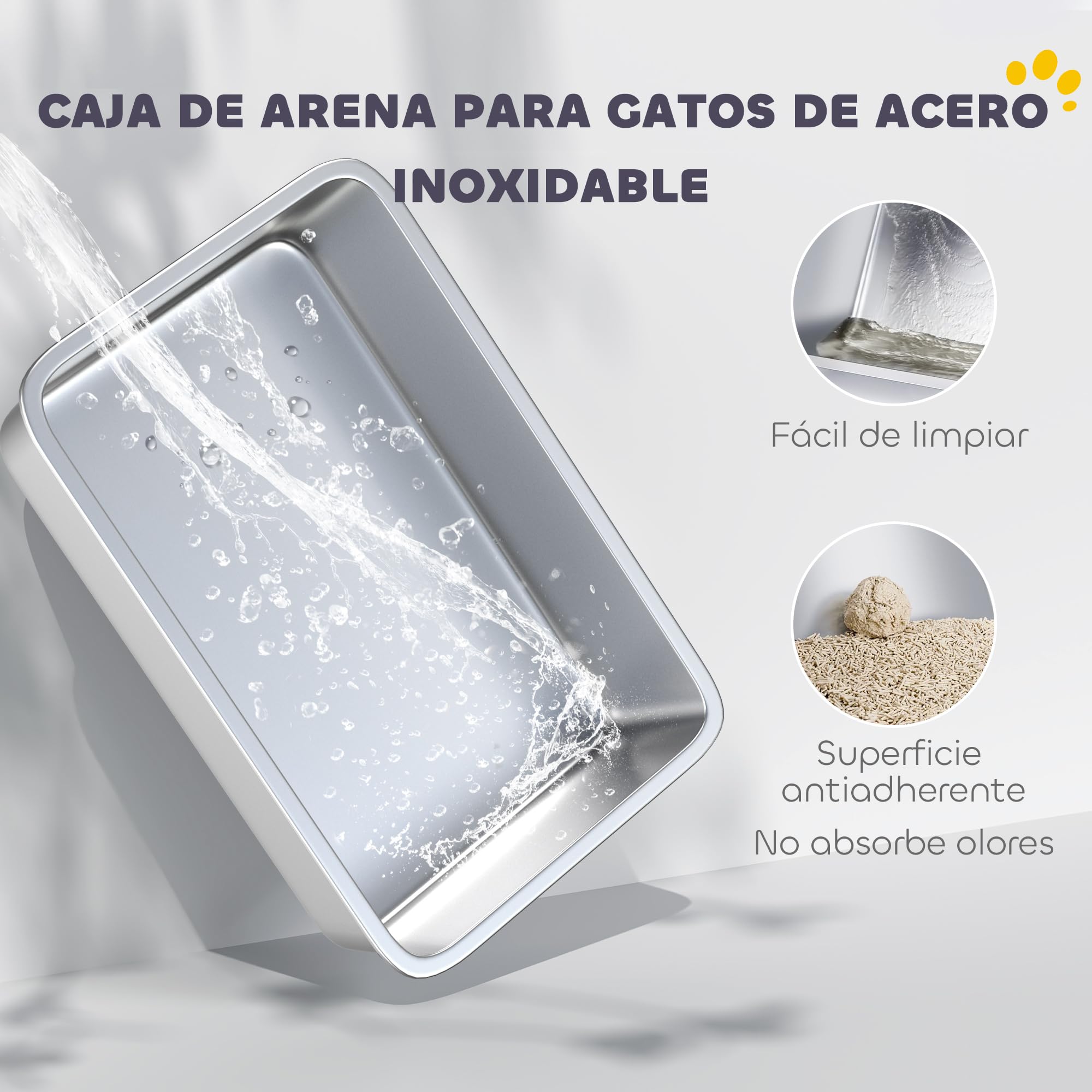 PawHut Arenero para Gatos de Acero Inoxidable XL Pala 60x40x29,5 cm Gris | Caja de Arena para Gatos Arenero, con Borde Alto, Fácil de Limpiar, Prueba de Fugas