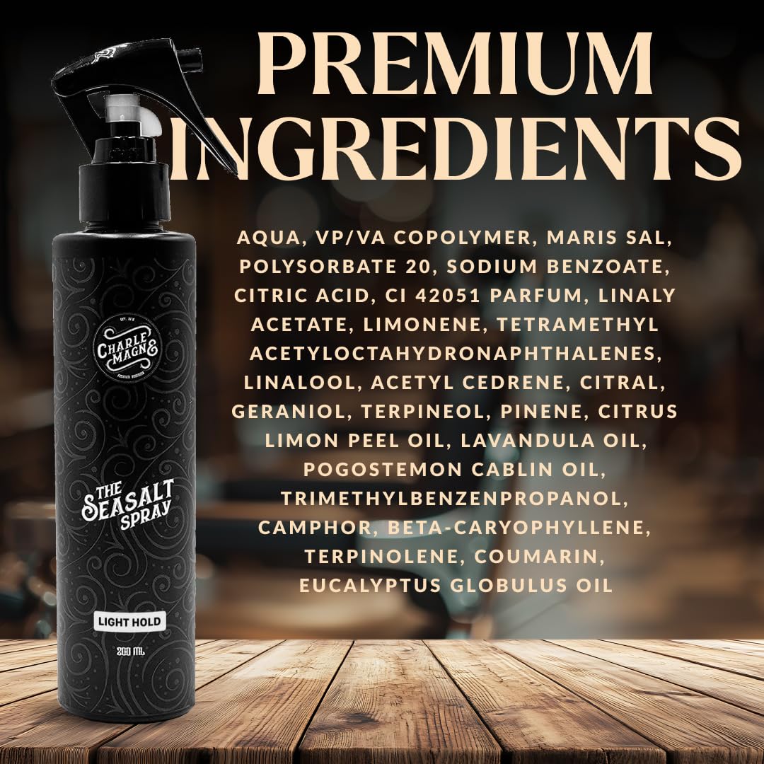 Charlemagne Spray do włosów w sprayu z solą morską dla mężczyzn, z ochroną przed wysoką temperaturą, matowe wykończenie, wyprodukowano w Niemczech, 200 ml (1 szt., lekkie trzymanie)