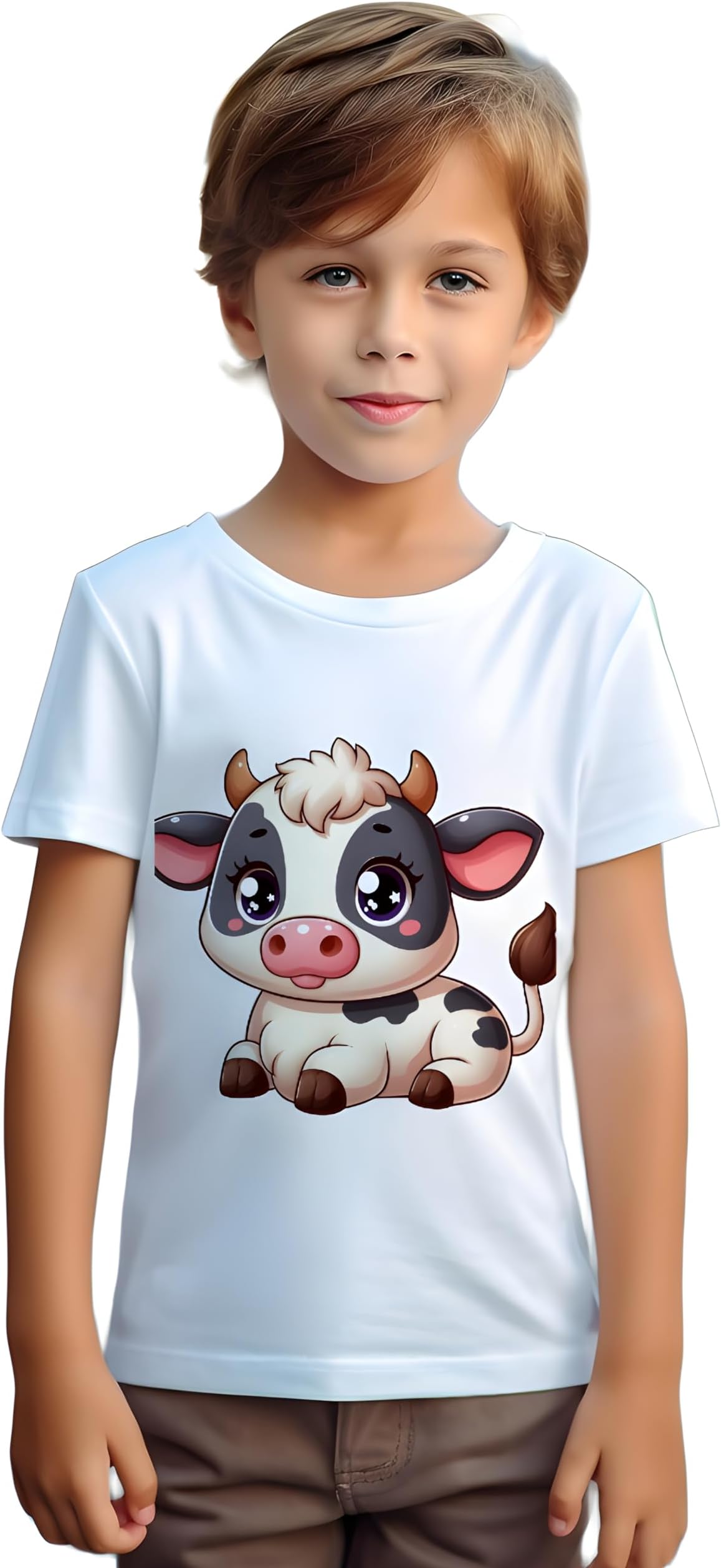 GenericKids Boys and Girls White Cute Cow Baby Calf Crocodile Graphic Print Cotton Blend Round Neck Half Sleeve Tshirt FD12D