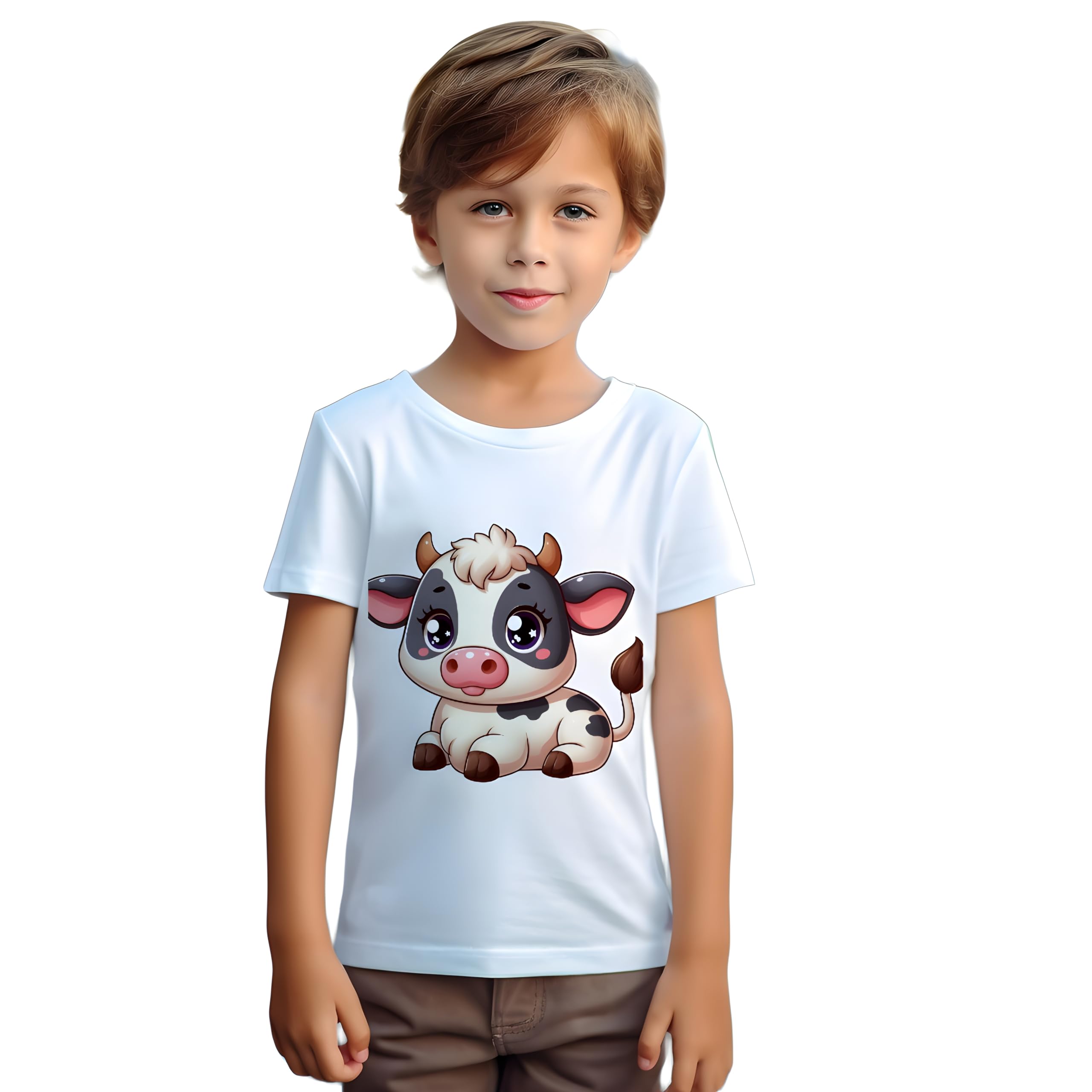 GenericKids Boys and Girls White Cute Cow Baby Calf Crocodile Graphic Print Cotton Blend Round Neck Half Sleeve Tshirt FD12D