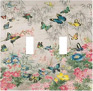 Decorative Switch Covers Plate Boho Wildflowers Butterfly Rustic Blue Pink Flowers 2 Gang Wall Plate Oversized Double Toggle Light Switch Plate Wall Cover Plate Faceplate for Home Decor
