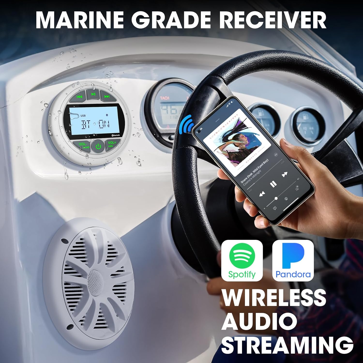 Marine Stereo with 6.5-Inch Speakers Package: Waterproof Bluetooth Boat Gauge Radio - LCD Display AUX USB MP3 Subwoofer AM FM Receiver for ATV UTV RZR Golf Cart