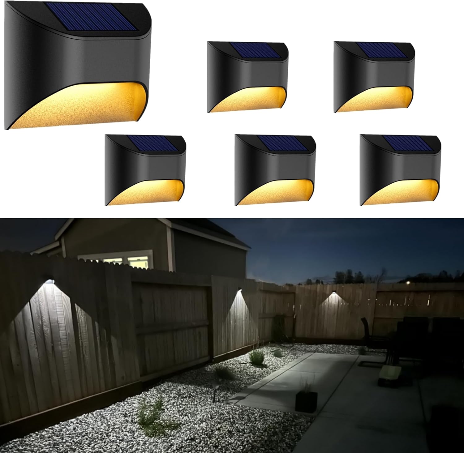 Solar Fence Lights，Deck｜Step ｜Stair Lights，Warm White/Daylight/Cool White Options for Yard Garden Sidewalk Pathway, Waterproof（6-Pack）