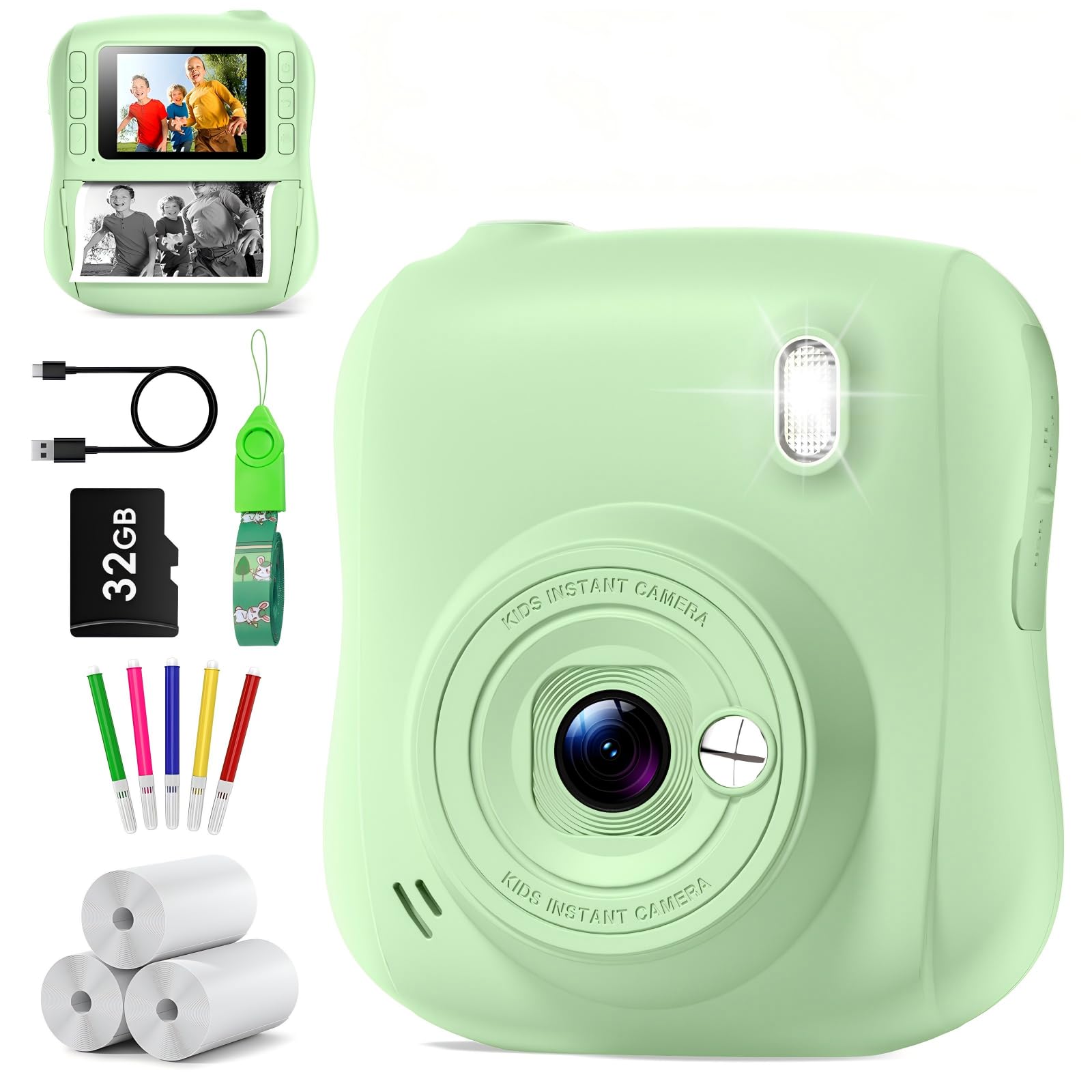 Kids Camera Instant Print, Christmas Birthday Gifts for Girls Boys Age 3-10,2.0inch Instant Print Camera for Kids, Portable Toy for 3 4 5 6 7 8 9 10 Year Old Girls Boys with 32GB Card-Green