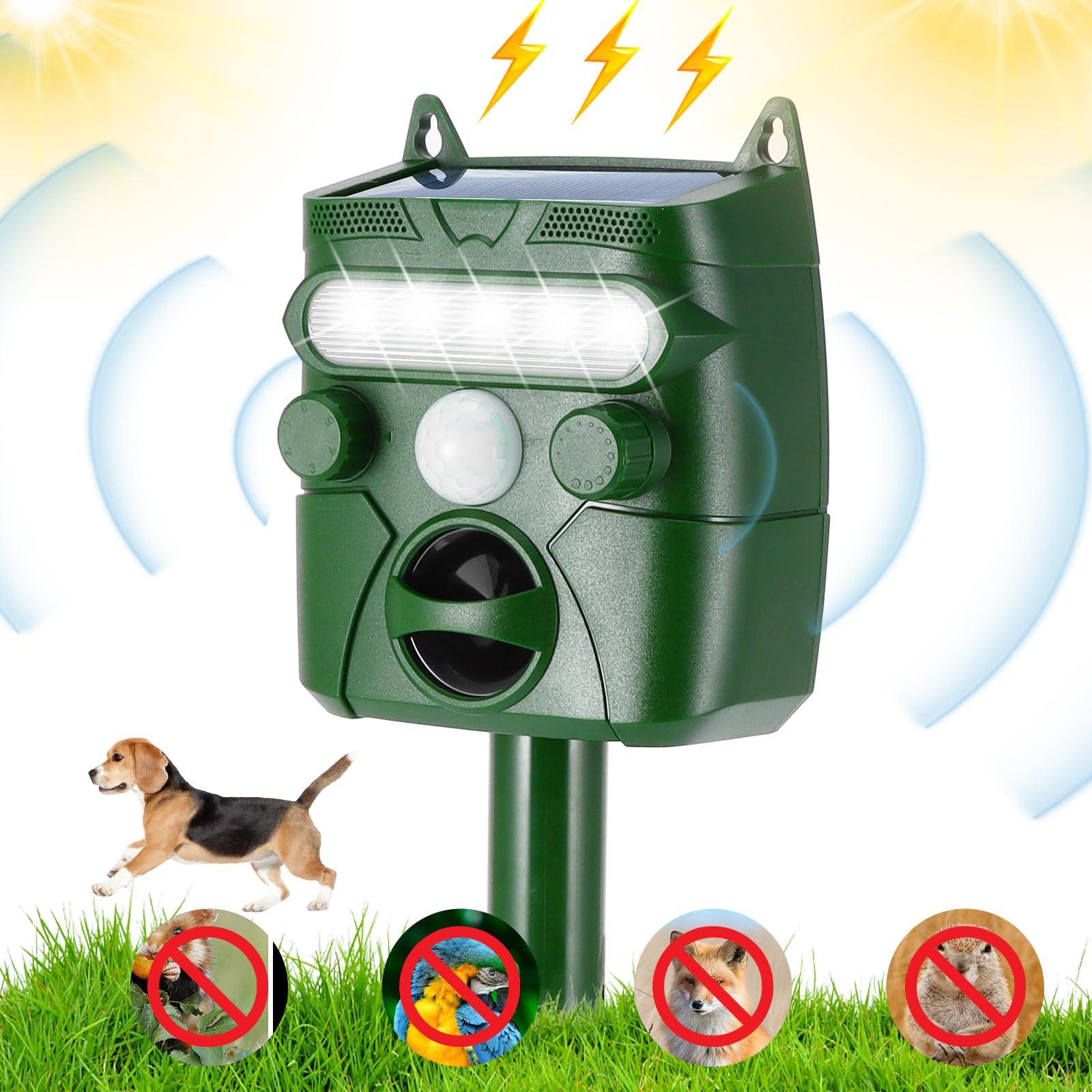 Ultrasonic Cat Repellent, Solar Cat Repellent Deterrent for Garden, Ultrasonic Animal Scarer Deterrent with PIR Sensor & 5 Adjustment Modes, Waterproof Cat Scarer with Ground Stake (Green-3)