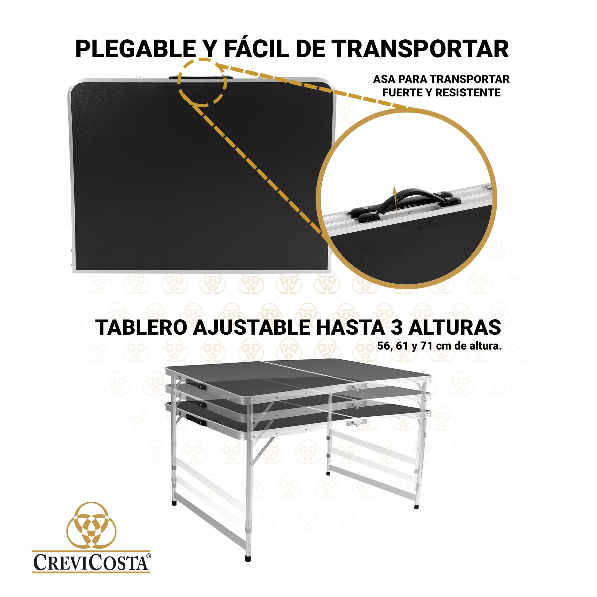CREVICOSTA QUALITY MARK MARCAS DE CALIDAD - Mesa de Camping Plegable Rectangular 120x80 cm con Asa de Transporte