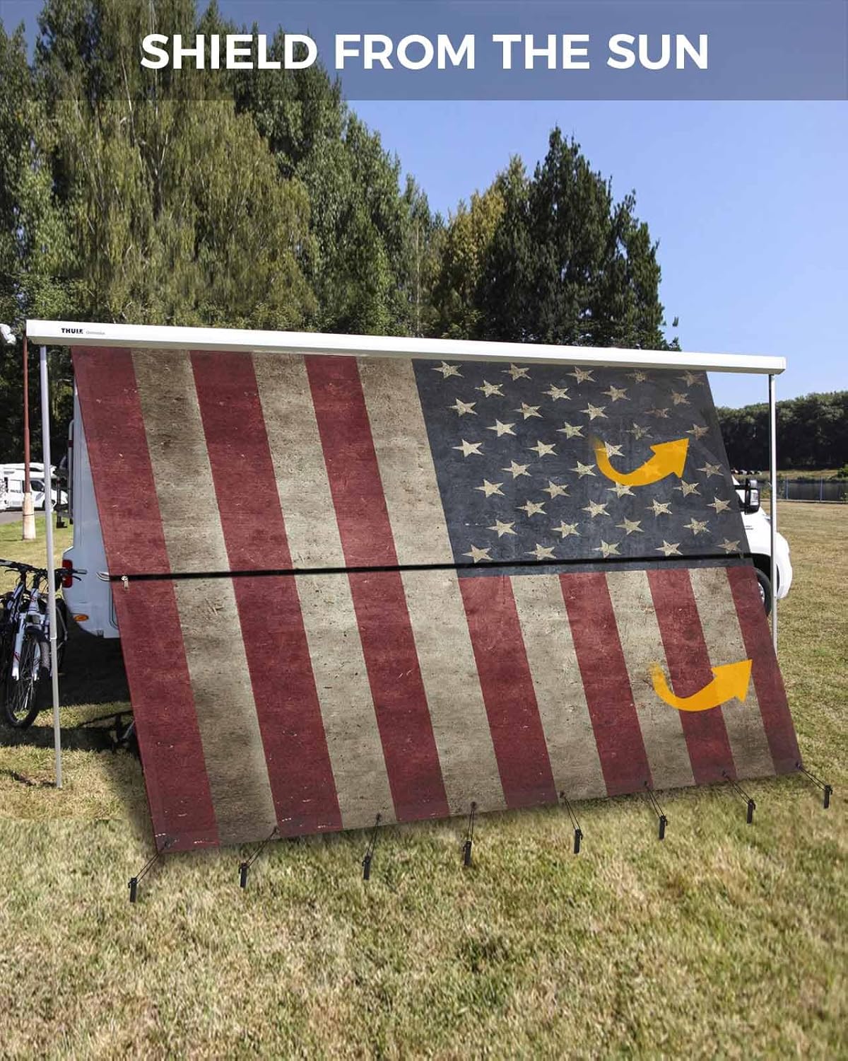 RV Awning Sun Shade Screen 9' x 13'3", American Flag Mesh RV Awning Shades Complete Kits, Retro USA Flag Sunlight Blocker Outdoor Canopy for Camping Trailer Motorhome