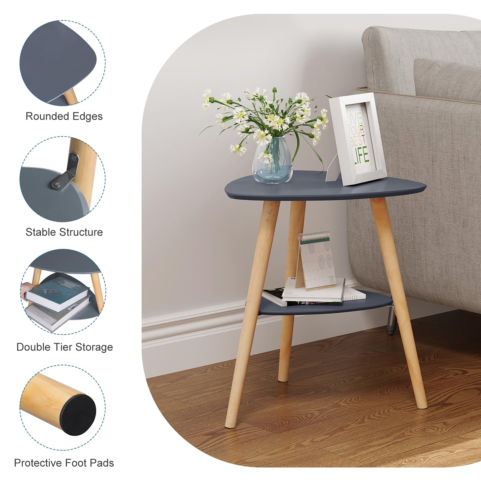 EUGAD Side Table Round Coffee Table with 2 Shelves, Living Room Table, Bedside White Modern, Small Table with Storage Space Sofa Table MDF Wood for