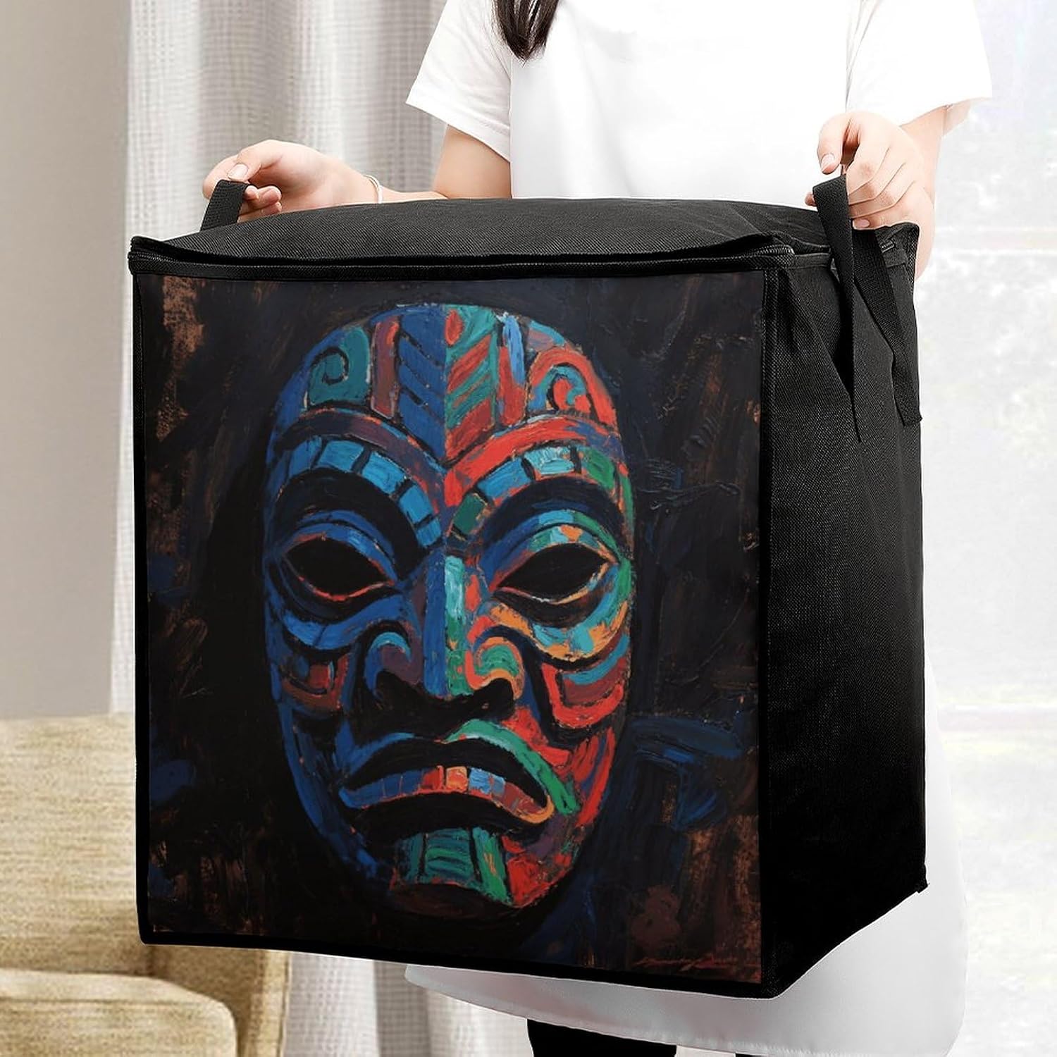 3D Colorful Tiki Mask Pattern Storage Bag with Zippers And Handle Extra Large Bedding Comforter Storage Bag Foldable Blanket Storage Bags Fabric Moving Bags for Closet Organizer (70L)