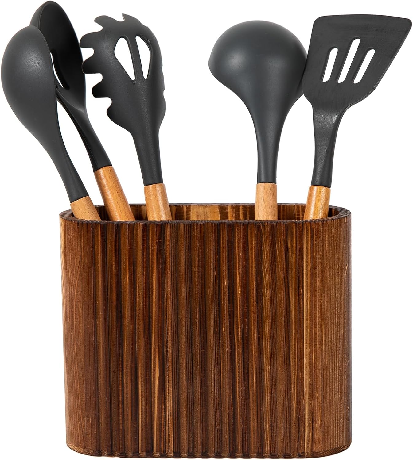 Premium Acacia Wood Elliptical 2-Slot Wall-Mounted Kitchen Utensil Holder and Organizer Crock