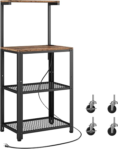 IRONCK Estante para panaderos con toma de corriente, carrito industrial para microondas con ruedas, barra de café de 3 niveles para cocina, sala de