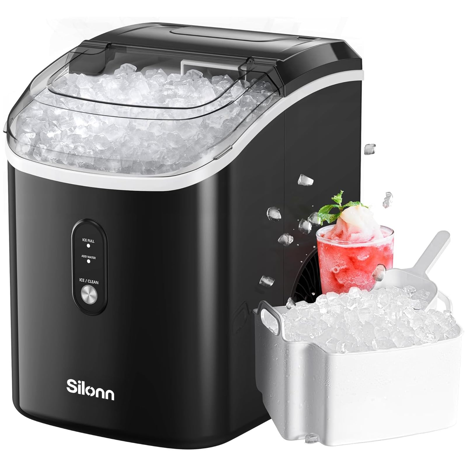 Nugget Ice Maker Countertop, Silonn Chewable Pellet Ice Machine with Self-Cleanin Function, 33lbs/24H Portable Ice Makers for Home Kitchen Officce, Black