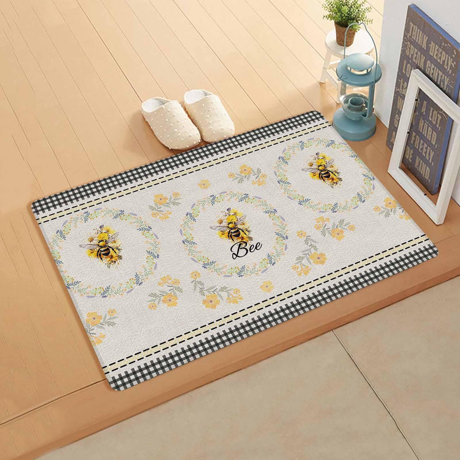 Beige Bee Floral Antifatigue Kitchen Bath Door Mat Cushioned Runner Rug,Washable Welcome Floor Sink Mat,Waterproof & Non-Slip Comfort Standing Doormat for Kitchen,Botanical Flower Retro Plaid 20