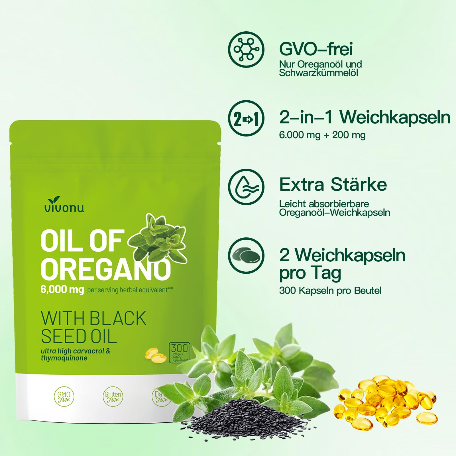 VivoNu Olio di Oregano, Oil of Oregano with Black Seed Oil, olio di origano biologico, senza OGM, 300 unità