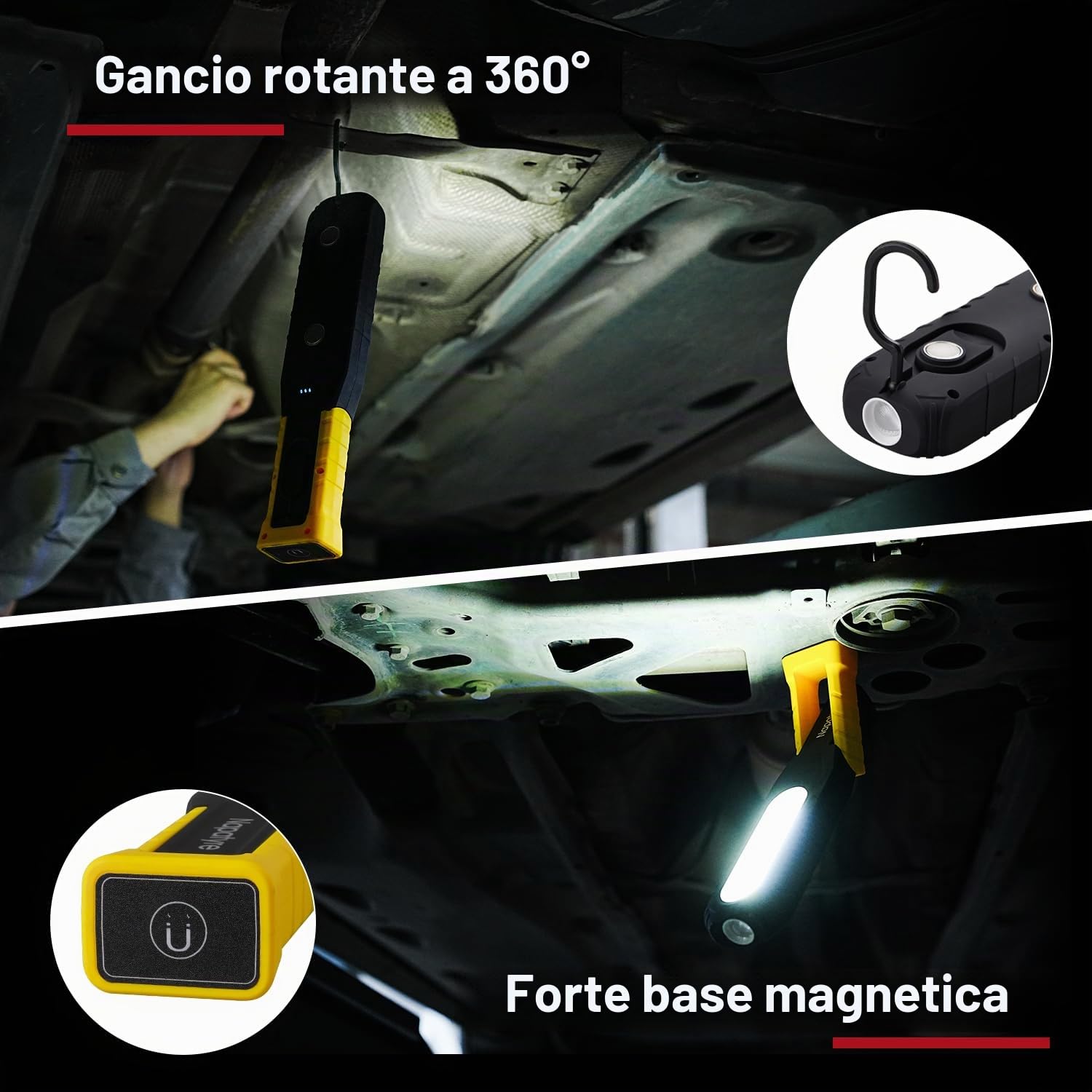 Lampada da Lavoro LED Ricaricabile, 6000 mAh Lampada di Ispezione con Magneti e Ganci, 5 Modalit 1000 Lumen Portatile Torcia da Lavoro per Riparazione Auto/Campeggio/Emergenza