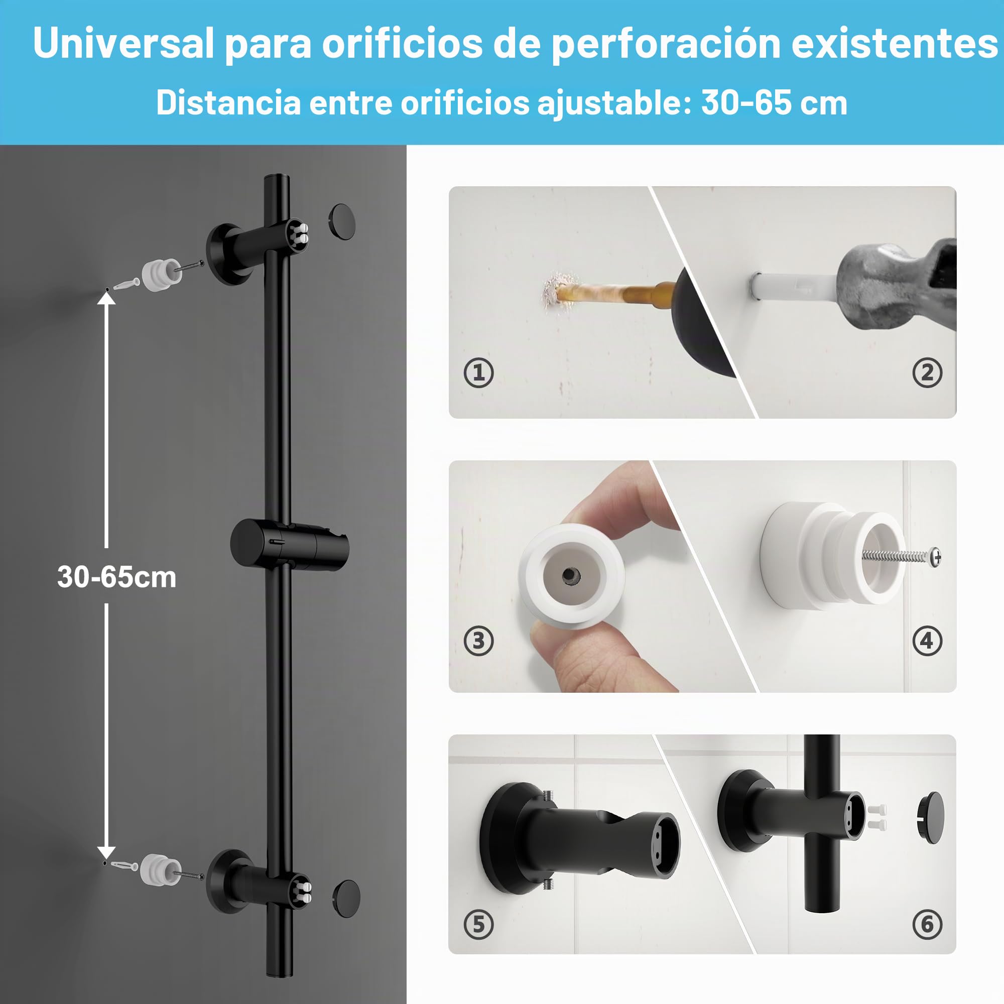 Görbach Columna Ducha Termostática, Grifo Mezclador con juego de barras de ducha de acero inoxidable, Alcachofa, barra ducha 70 cm con Estante, negro