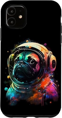 Funda para iPhone 11 Pug Astronauta Dog Funny Outer Space Colorido Cosmic Explorer Case