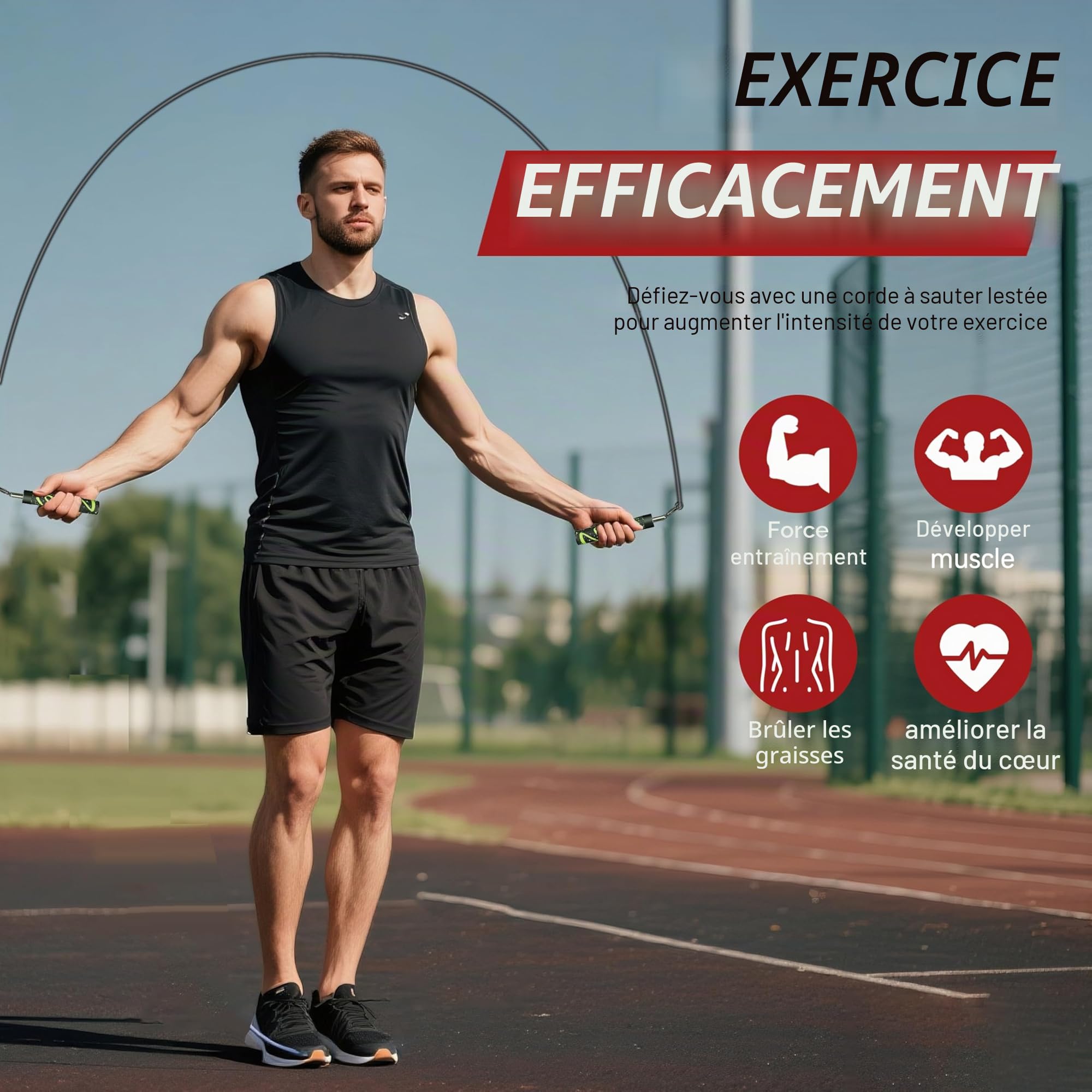 Corde à sauter lestée pour homme et femme – Interchangeable 0,9 kg, 0,9 kg – Rotation à 360 degrés – Longueur réglable, poignée ergonomique en cuir pour perte de poids et plus encore