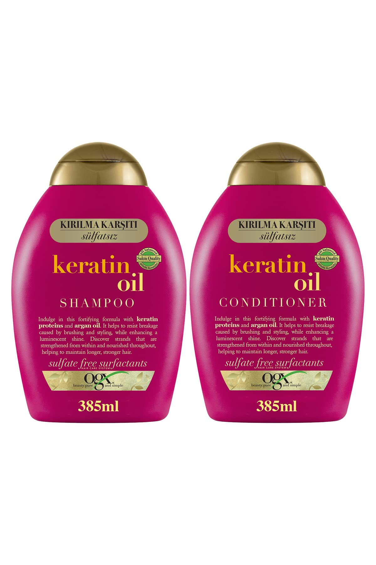 ogx keratin oil kırılma karşıtı sülfatsız 385 ml şampuan + 385 ml saç kremi 2'li set