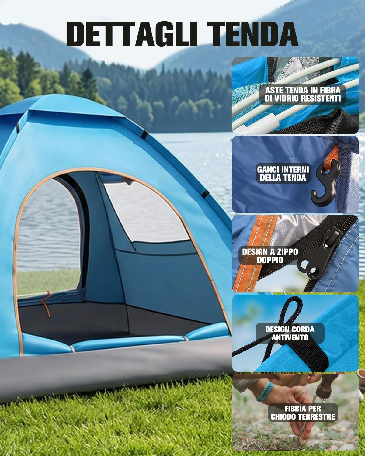 Tenda da Campeggio 2 Persone Pop Up Pieghevole, Tenda Impermeabile Leggera con Doppia Porta e Doppie Finestre, Protezione dal Sole, per Trekking, Escursionismo, Spiaggia e Outdoor