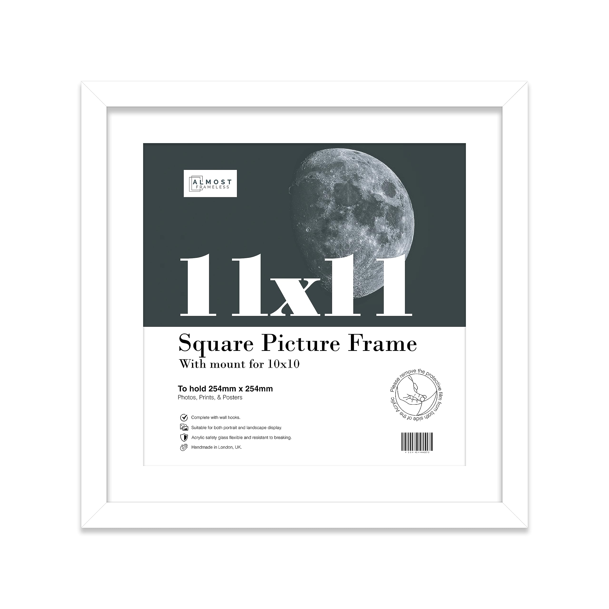 Almost Frameless 11x11 Picture Frame, Display Pictures 10x10 With Mat or 11x11 Without Mat, Wall Hanging Photo Frame, White, 1 Pack