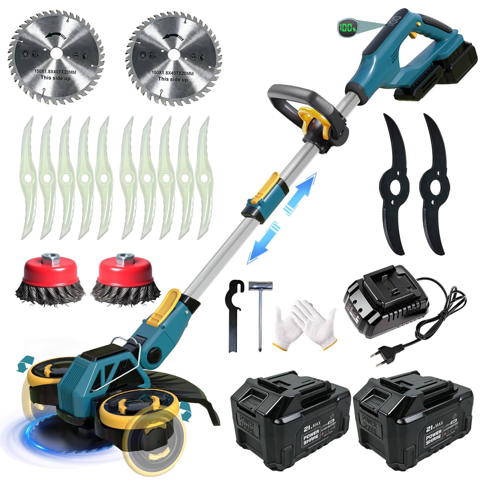Decespugliatore a Batteria, Tagliabordi a Batteria con 2 Batterie e 4 Tipi lame, Decespugliatore Elettrico con Ruote e Spazzola per Erbacce, Tagliaerba Elettrico Brushless, Telescopica Regolabile, Blu