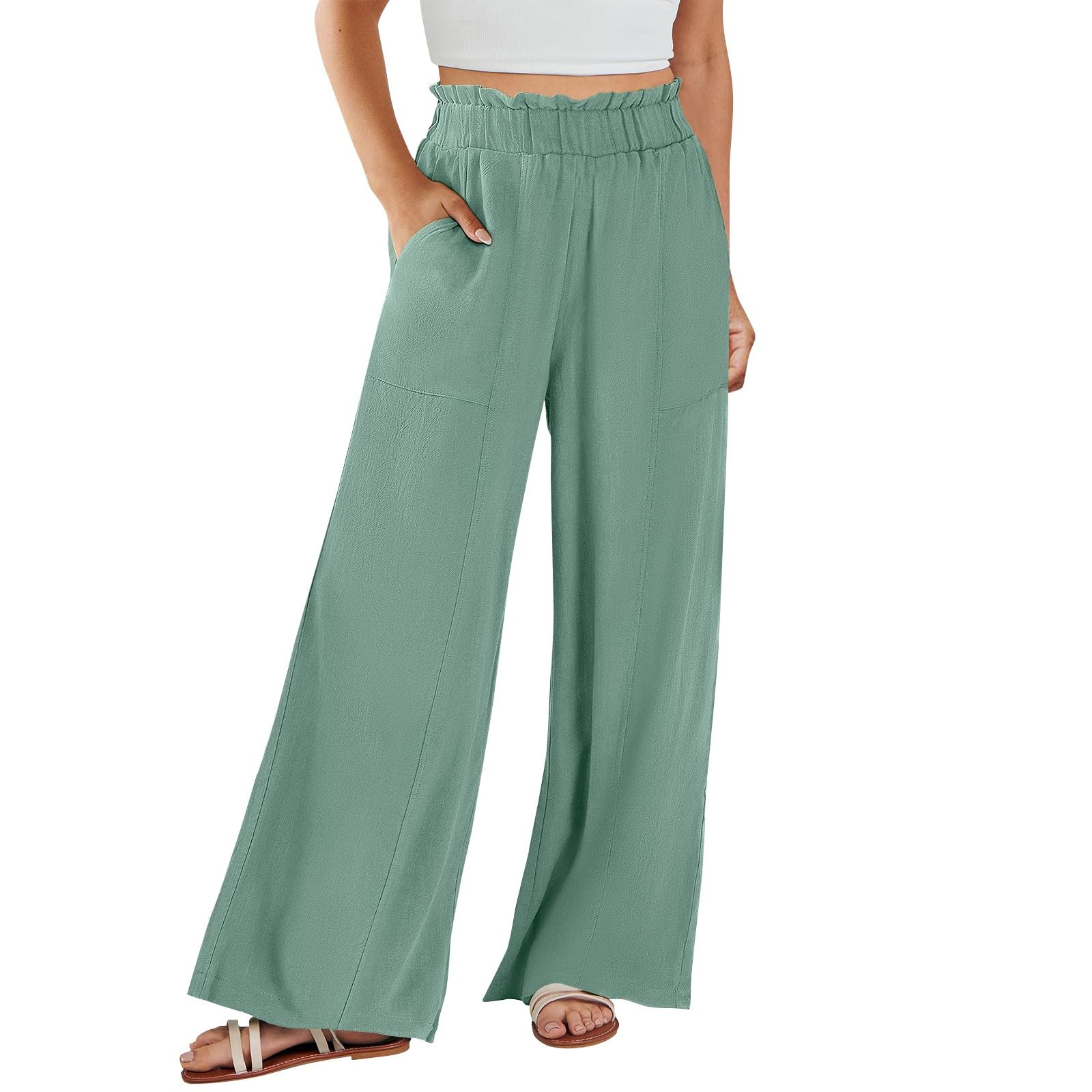 Women's Linen Pants Casual Loose Summer Ruffle Elastic High Waisted Wide Leg Pants with Pockets Boho Dance Studio Comfy Cute Lightweight Beach Vacation Long Straight Leg Trousers Green