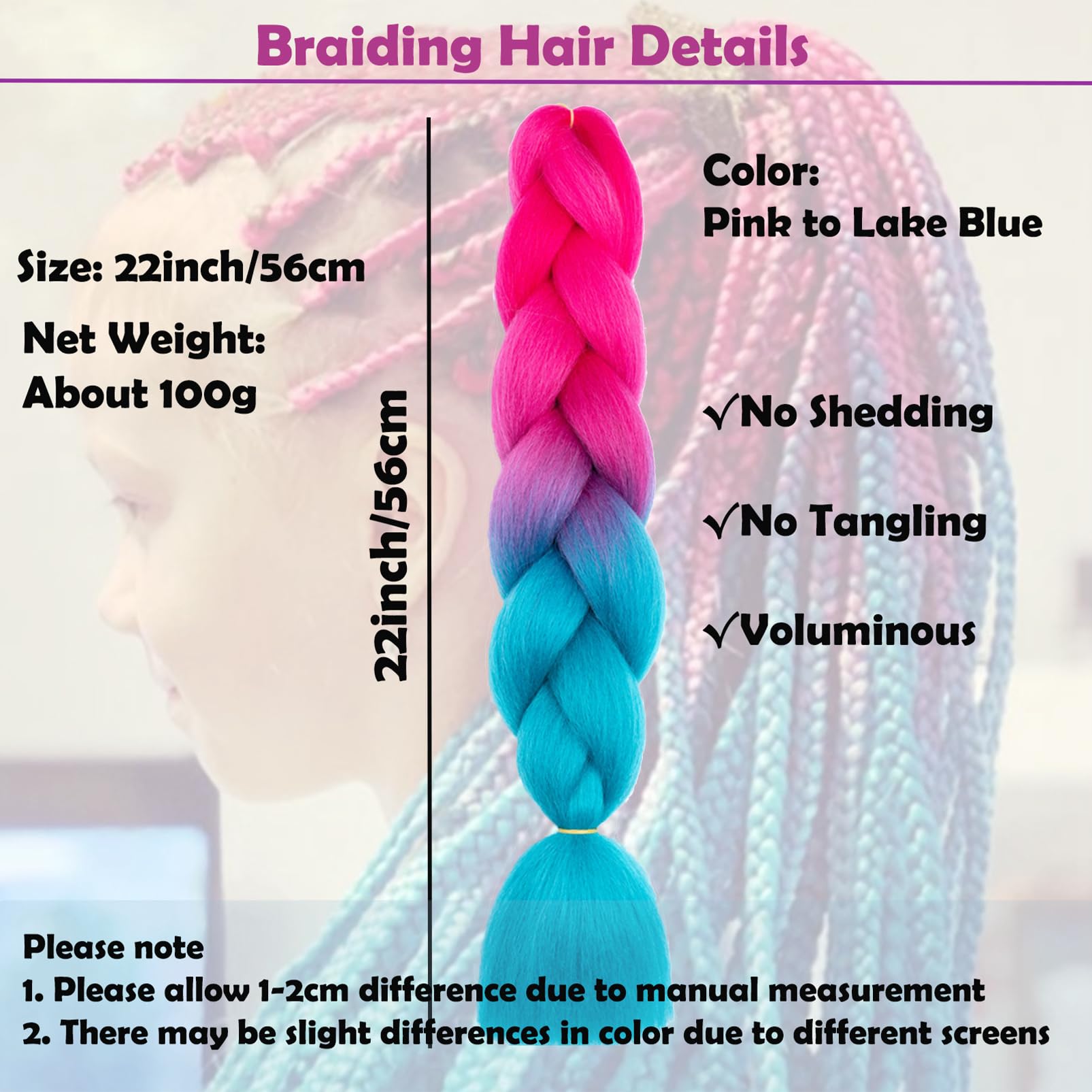 Braiding Hair Extensions Braiding Hair Fashion Synthetic Braid Hair Extensions for Women Braiding Coloured Hair for Braiding DIY Wigs Cosplay (Pink to Blue) - Image 3